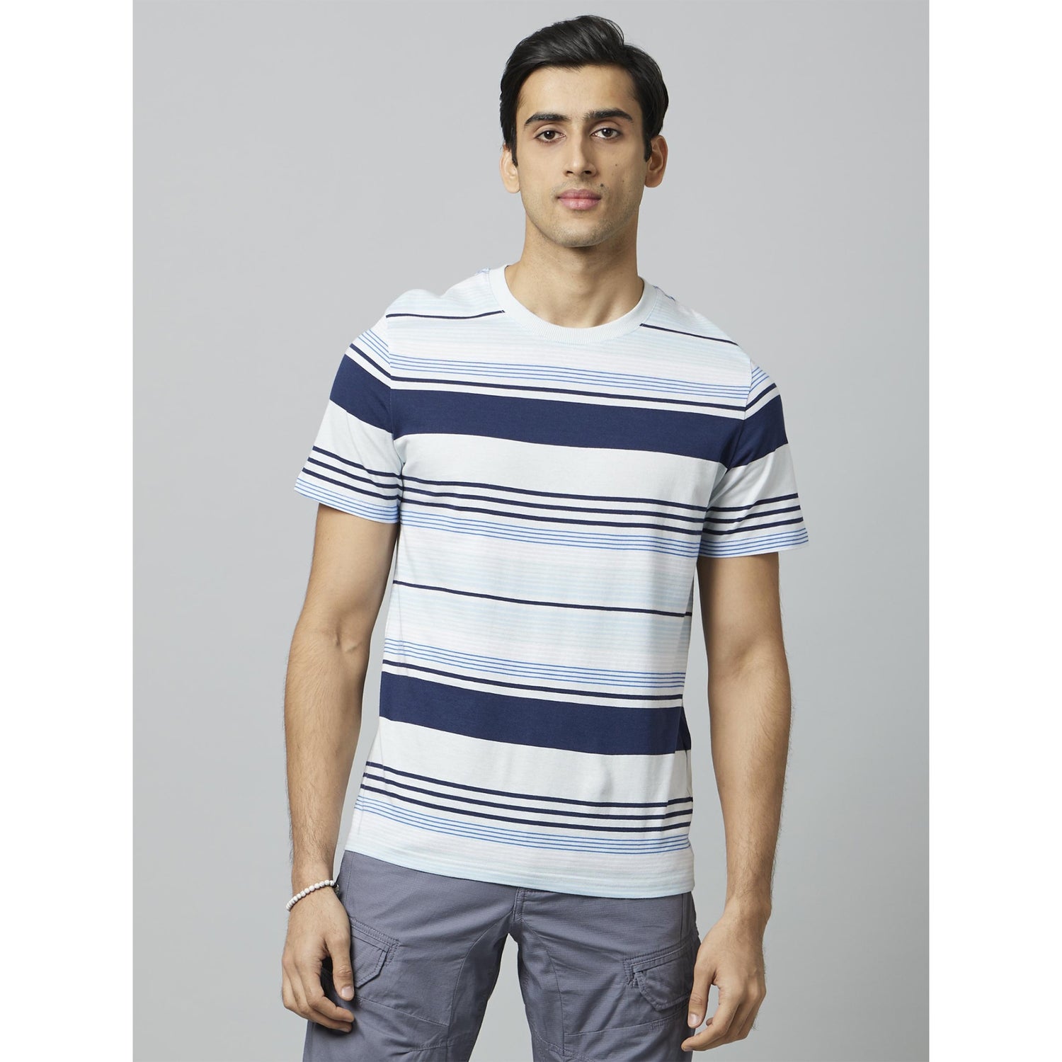 White Striped Short Sleeves Round Neck Tshirt (DECADEMY)