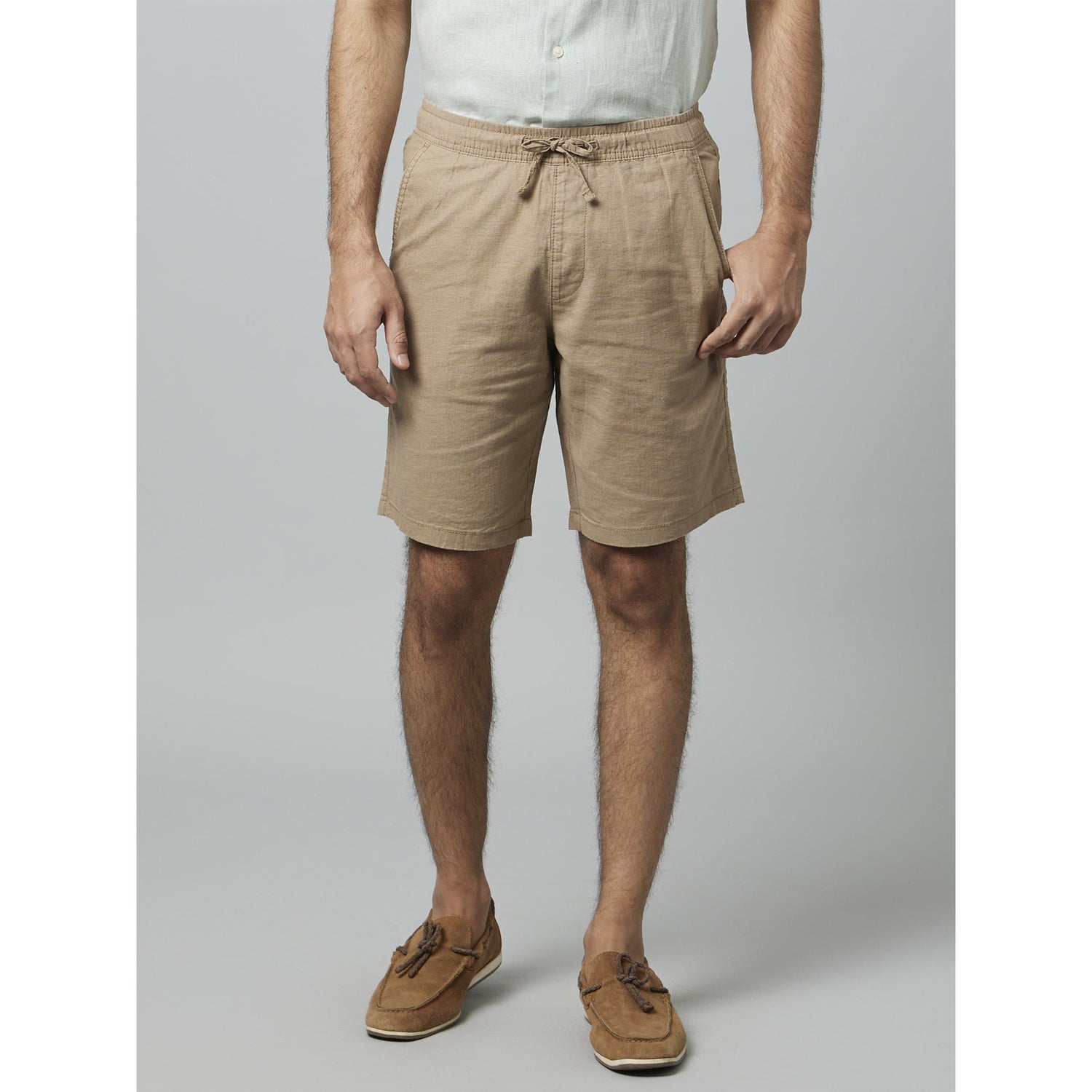 Solid Khaki Cotton Linen Shorts
