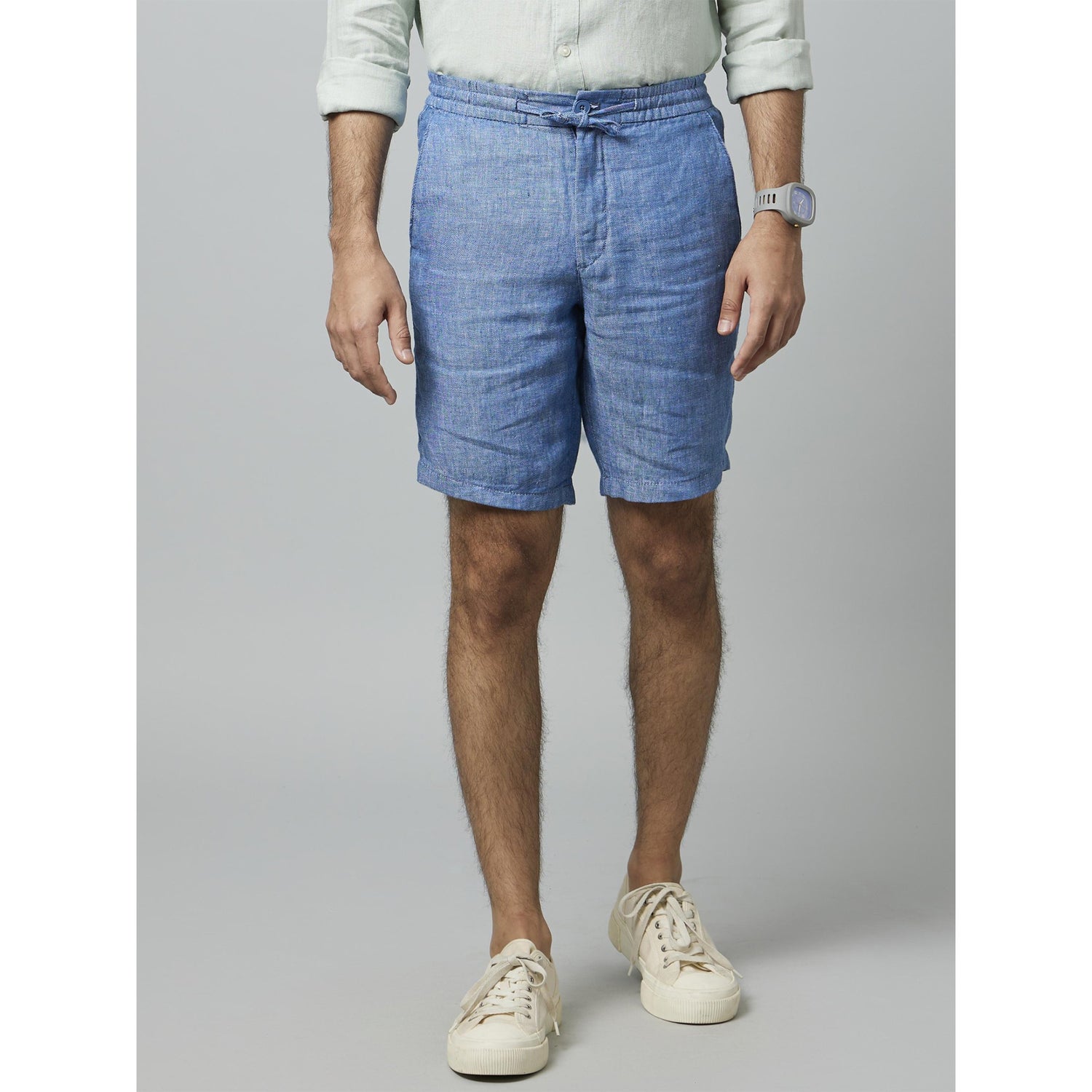 Blue Solid Self Design Mid-Rise Linen Shorts (DOLINUSBM)