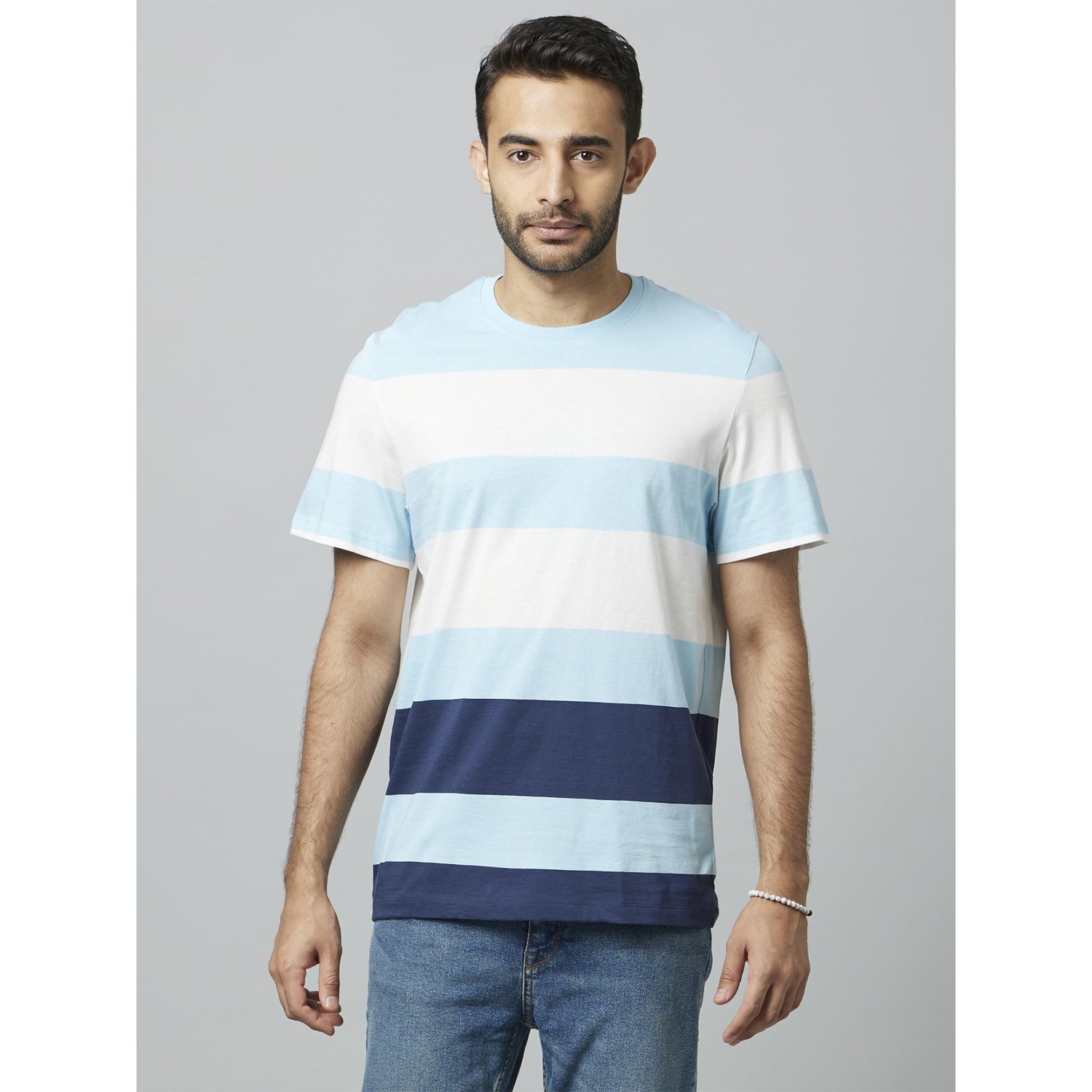 Blue Striped Short Sleeves Round Neck Tshirt (DEMILLE)