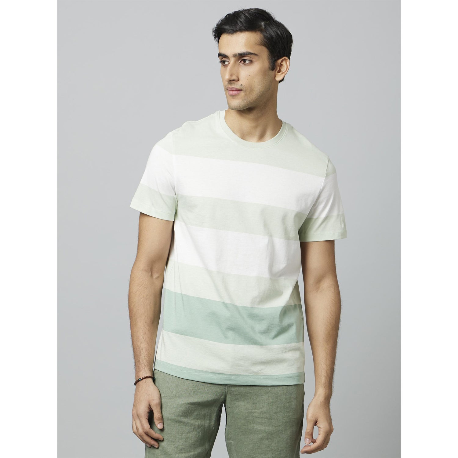 Striped Green Short Sleeves Round Neck Tshirt