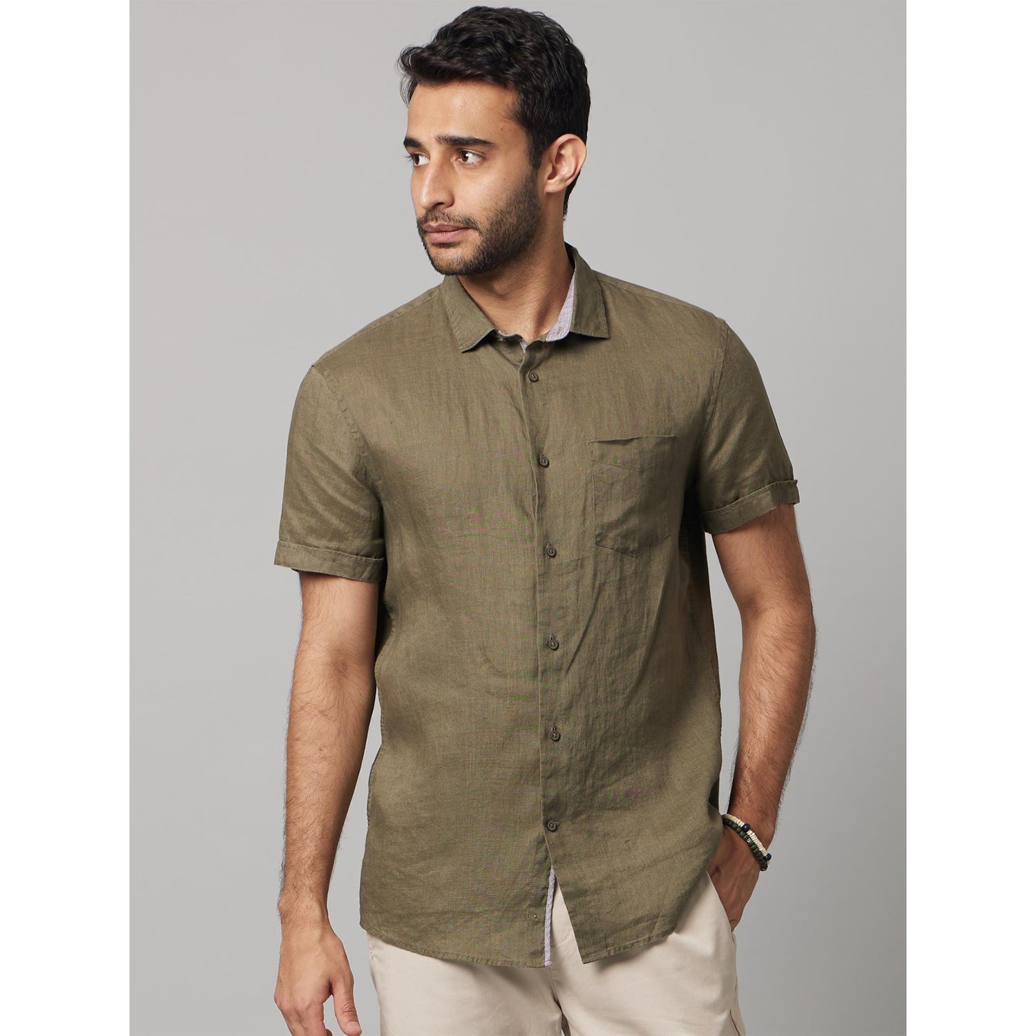 Olive Green Classic Short Sleeves Linen Casual Shirt (DACARAIN)