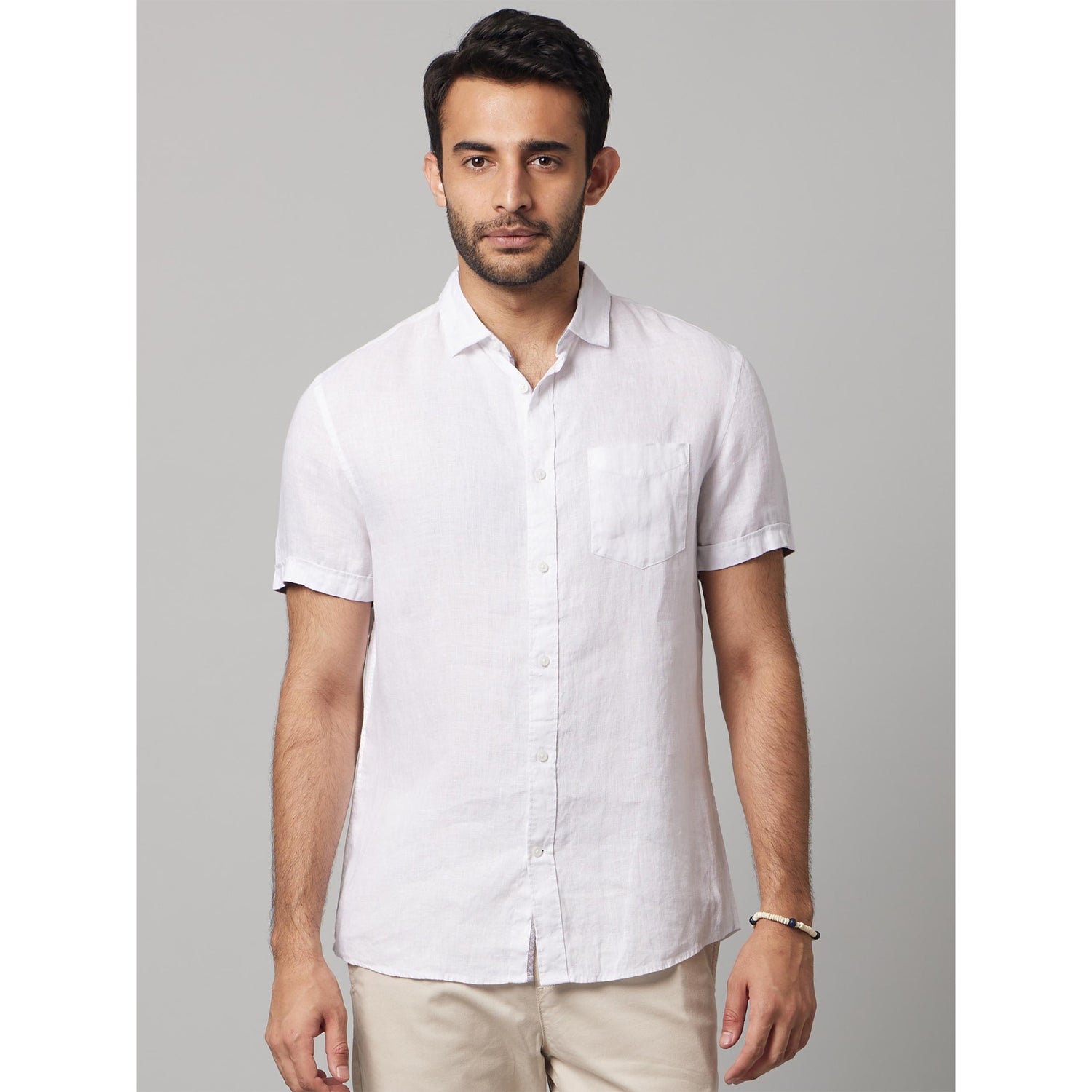 White Classic Short Sleeves Linen Casual Shirt (DACARAIN)