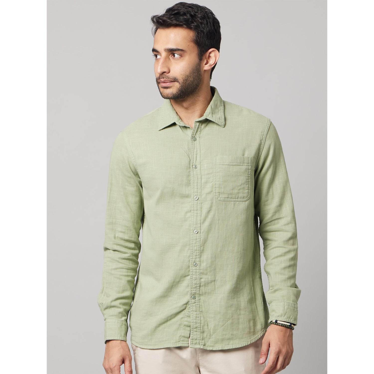 Green Classic Spread Collar Breathable Relaxed Cotton Casual Shirt (DADOUBLE)