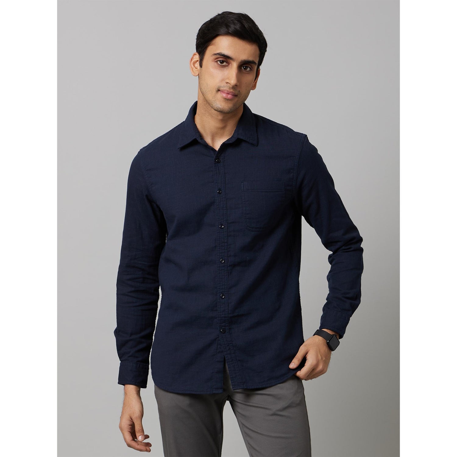 Navy Blue Classic Spread Collar Breathable Relaxed Cotton Casual Shirt (DADOUBLE)