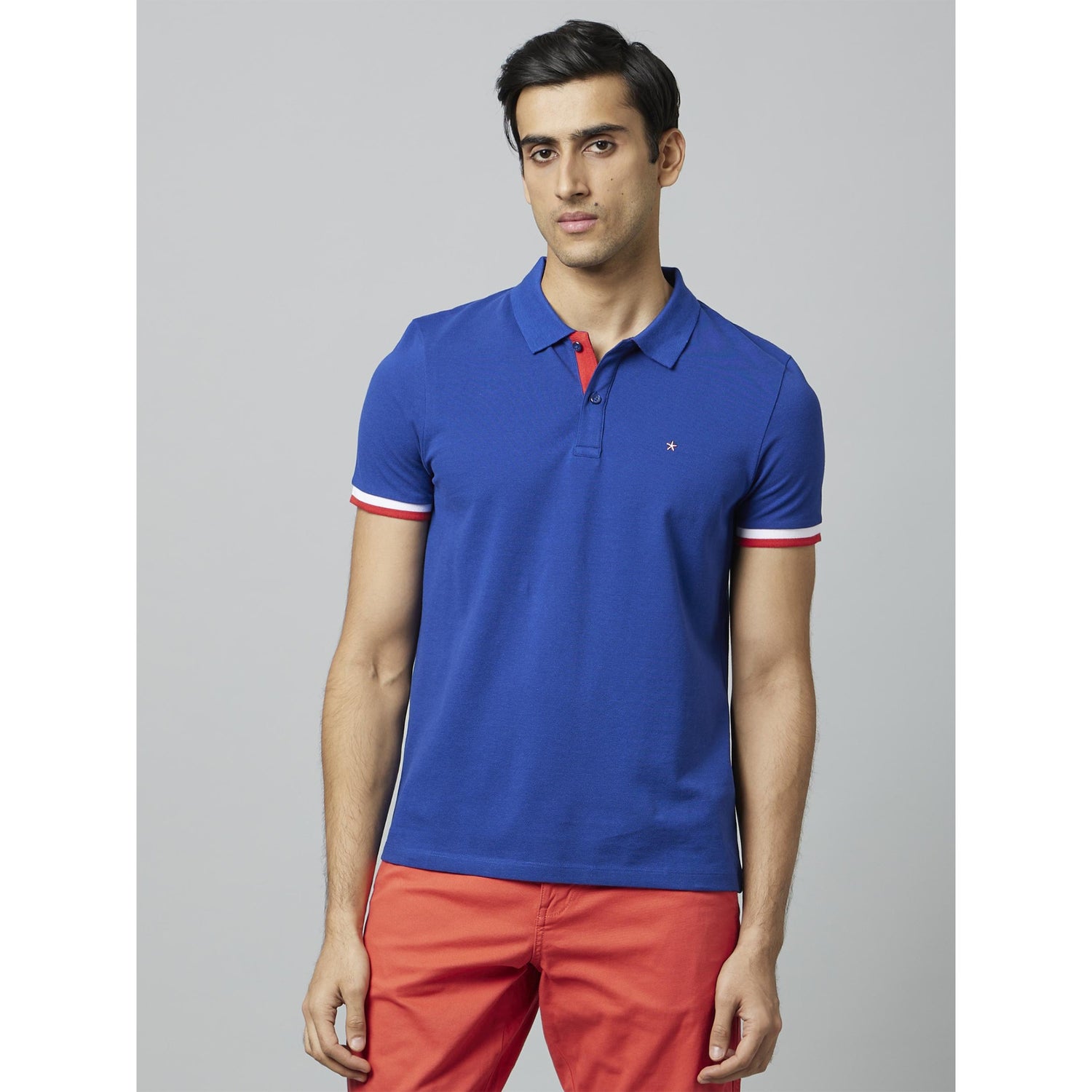Navy Blue Polo Collar Short Sleeves Cotton T-shirt (CERABONAIN)