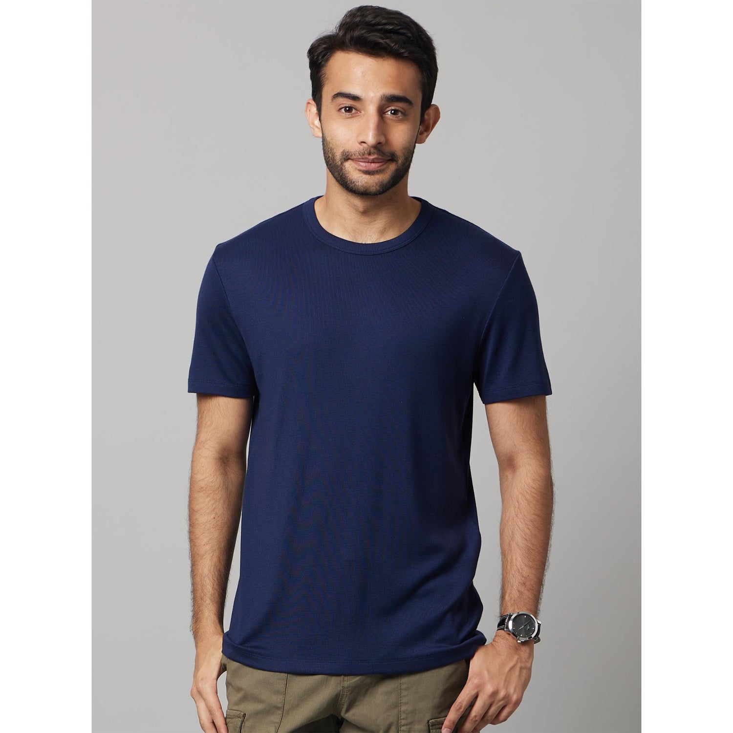 Navy Blue Solid Short Sleeves Round Neck Tshirt (DEMARLIN)