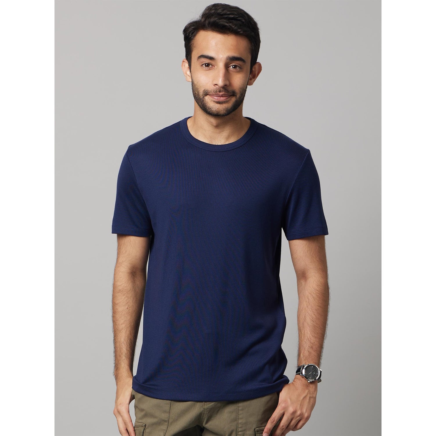 Solid Navy Blue Short Sleeves Round Neck Tshirt
