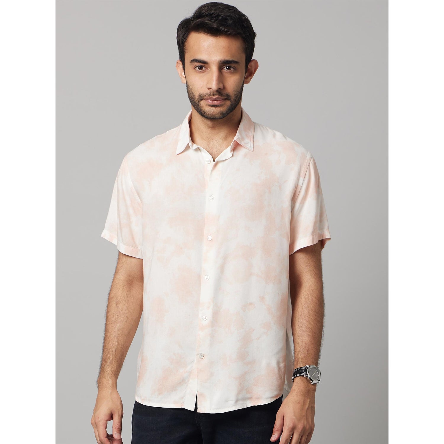Pink Classic Tie and Dye Spread Collar Cotton Casual Shirt (DACOTTYE)