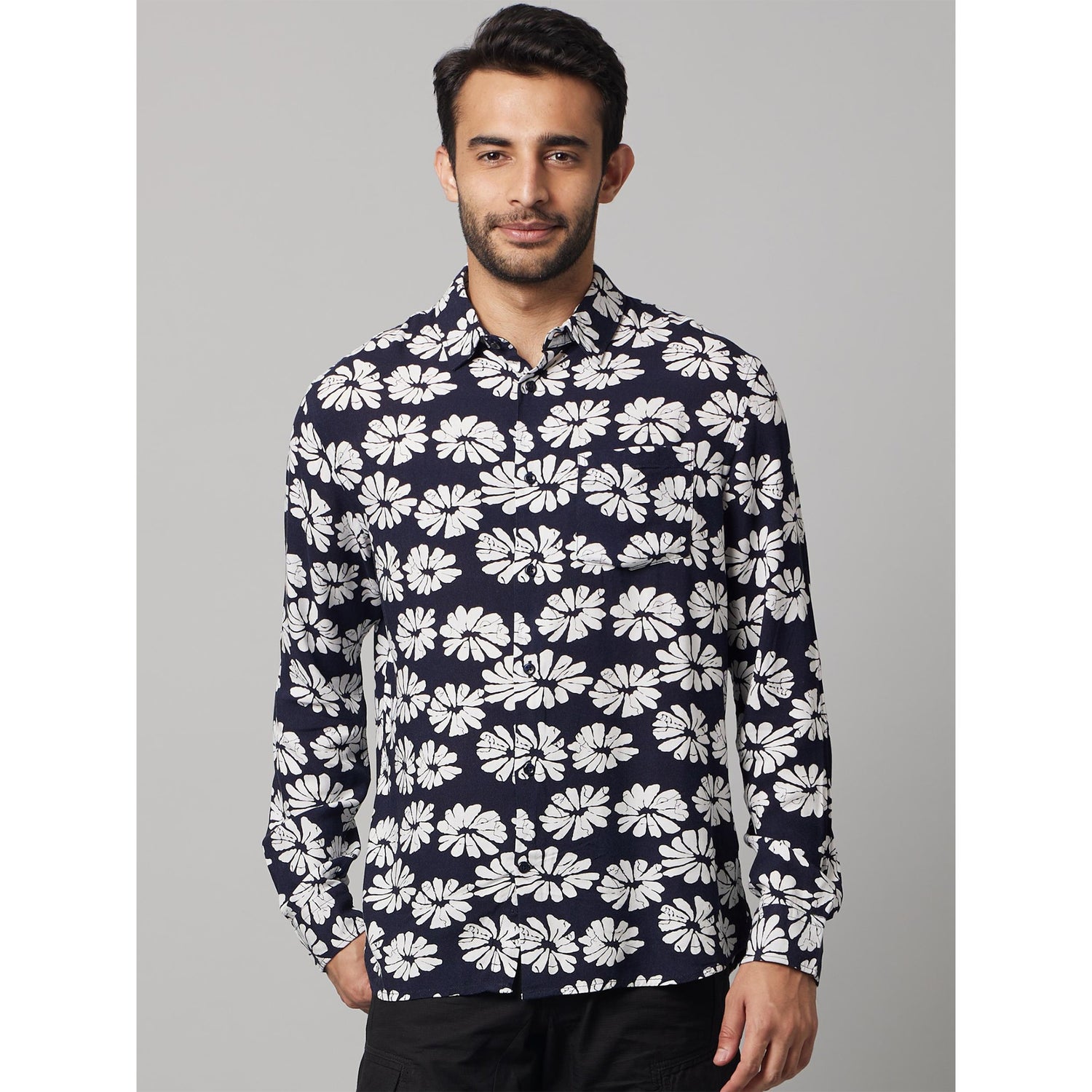Navy Blue Classic Fit Floral Printed Opaque Soft Touch Casual Shirt (DAVISSUN)