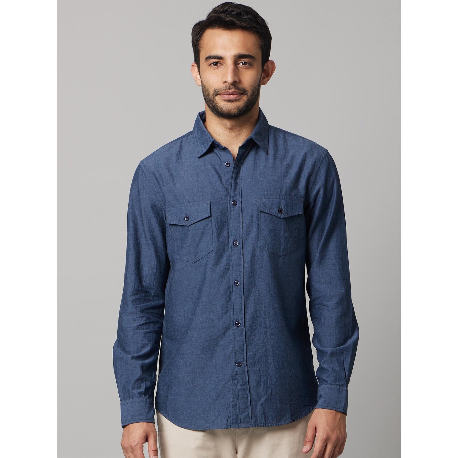 Navy Blue Classic Spread Collar Cotton Casual Shirt (DACHAMB)