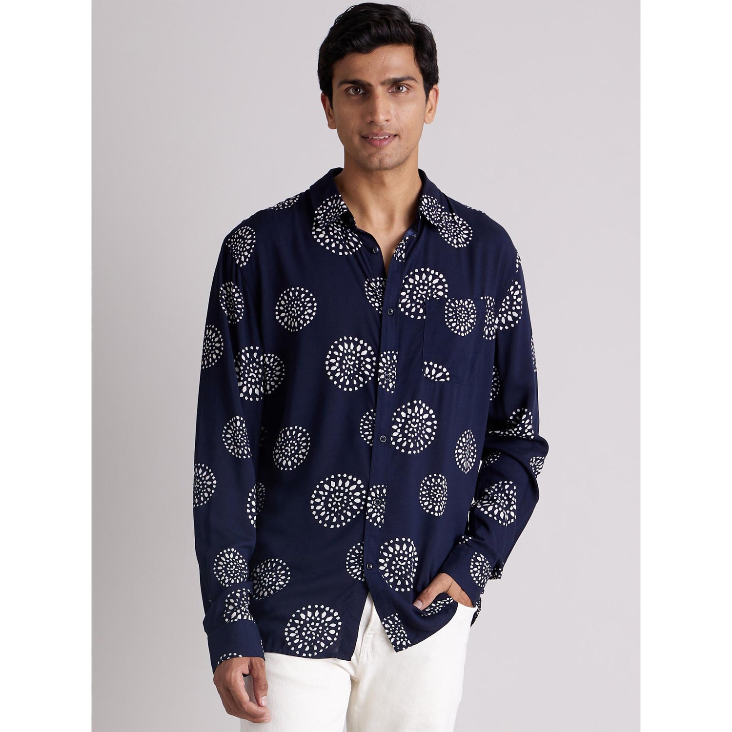 Navy Blue Classic Floral Printed Cotton Casual Shirt (DAVISPRNT)