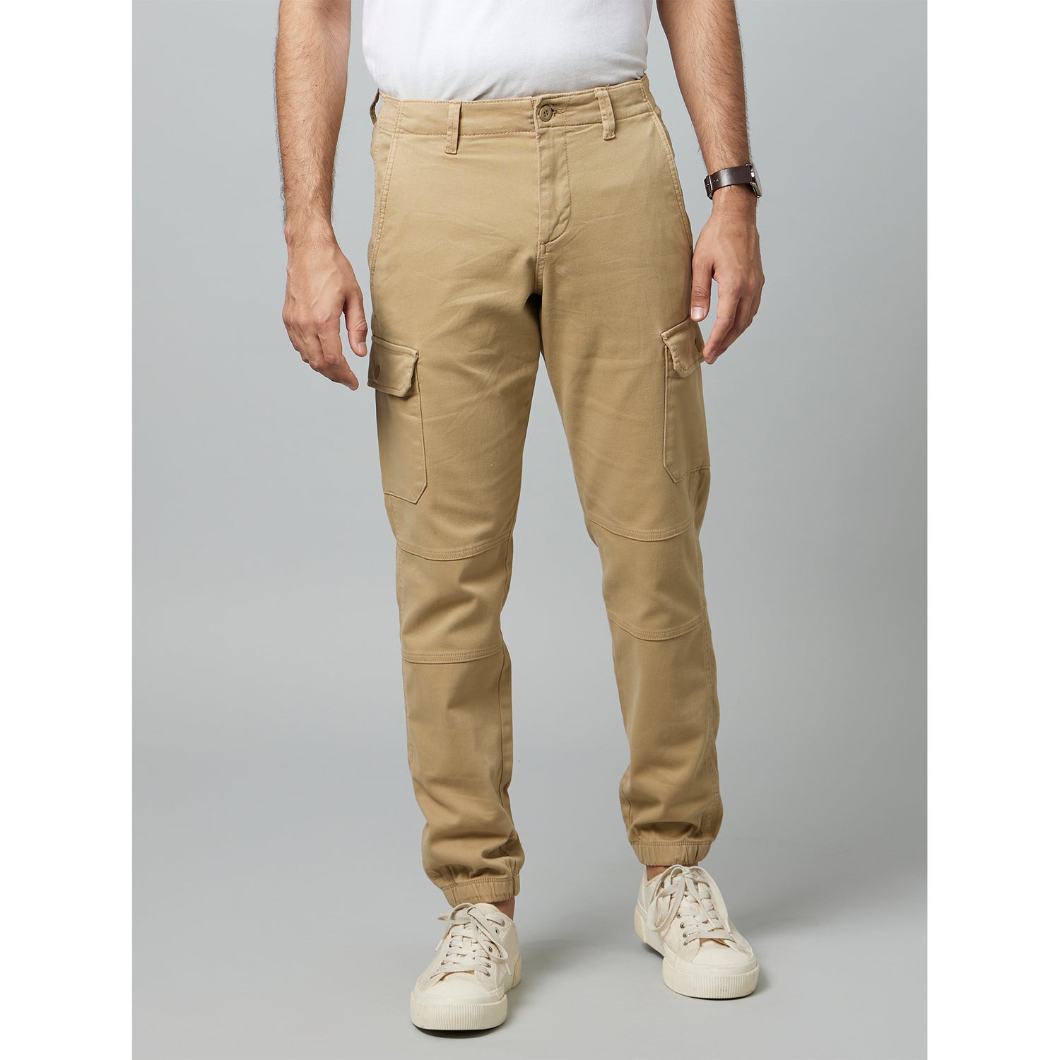 Solid Khaki Cotton Cargo Trouser