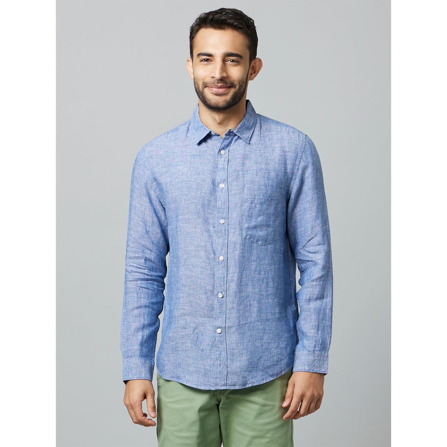 Solid Blue Long Sleeves Linen Shirt