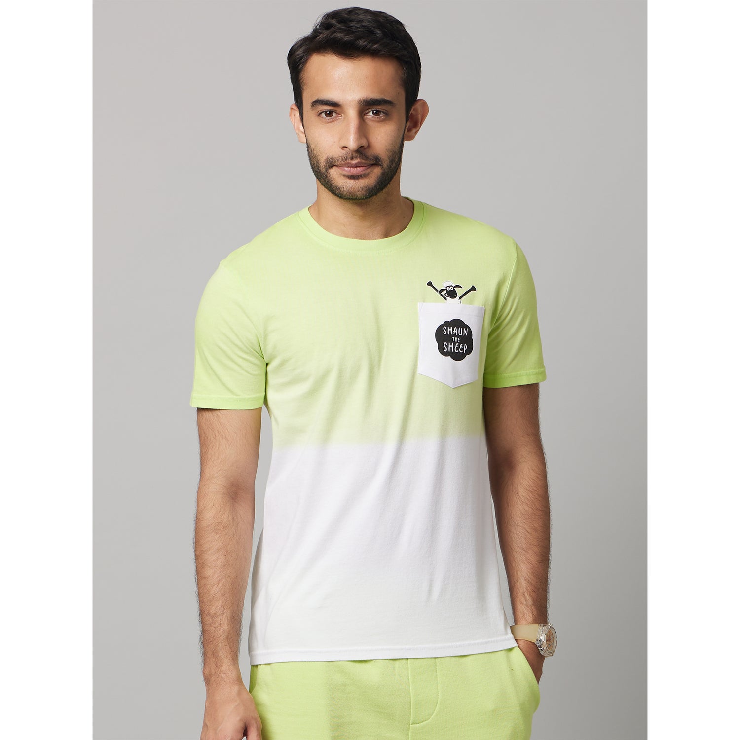 Shaun the Sheep - Neon Green Colourblocked Round Neck Cotton T-shirt (LCESHAUN3)