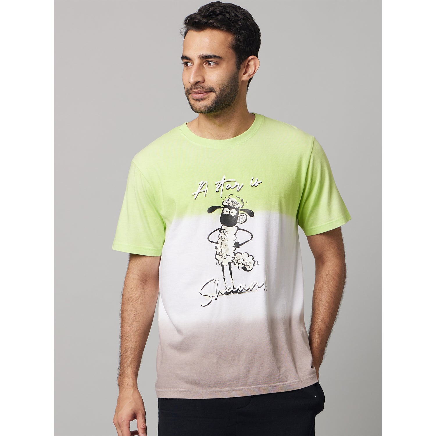 Men Shaun The Sheep Graphic Print Green Half-Sleeve Crew Neck T-shirt