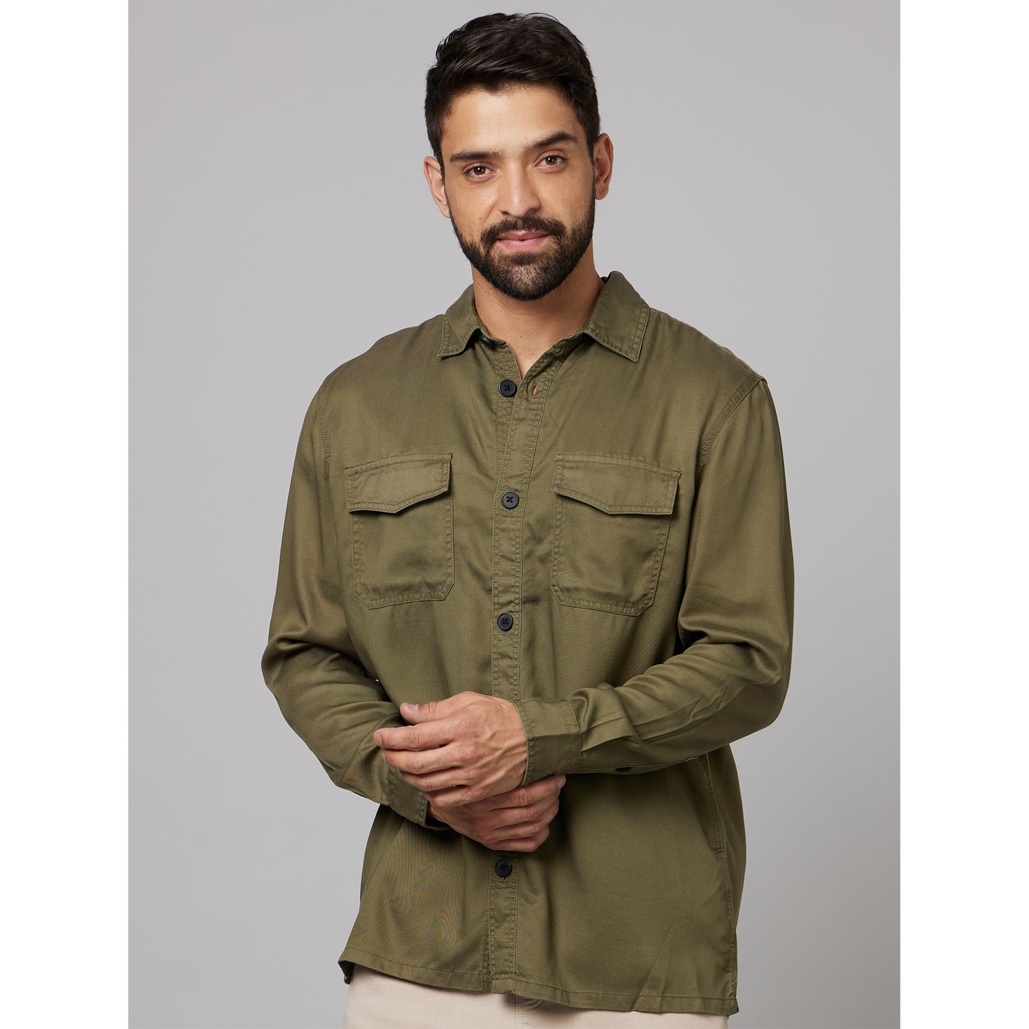 Green Classic Relaxed Fit Solid Cotton Casual Shirt (BAOVERWAR)