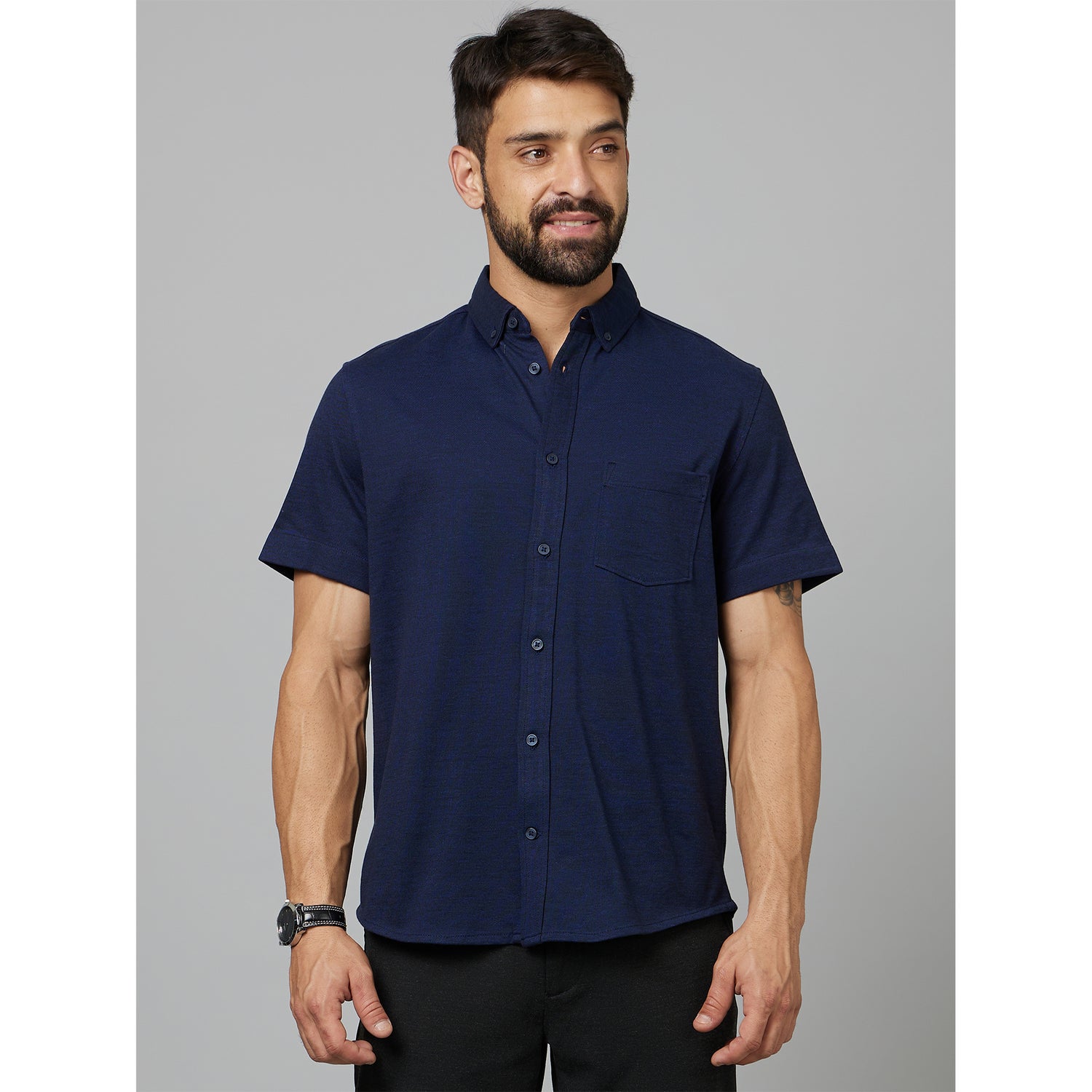 Navy Blue Classic Knit Slim Fit Cotton Casual Shirt (BARIK)