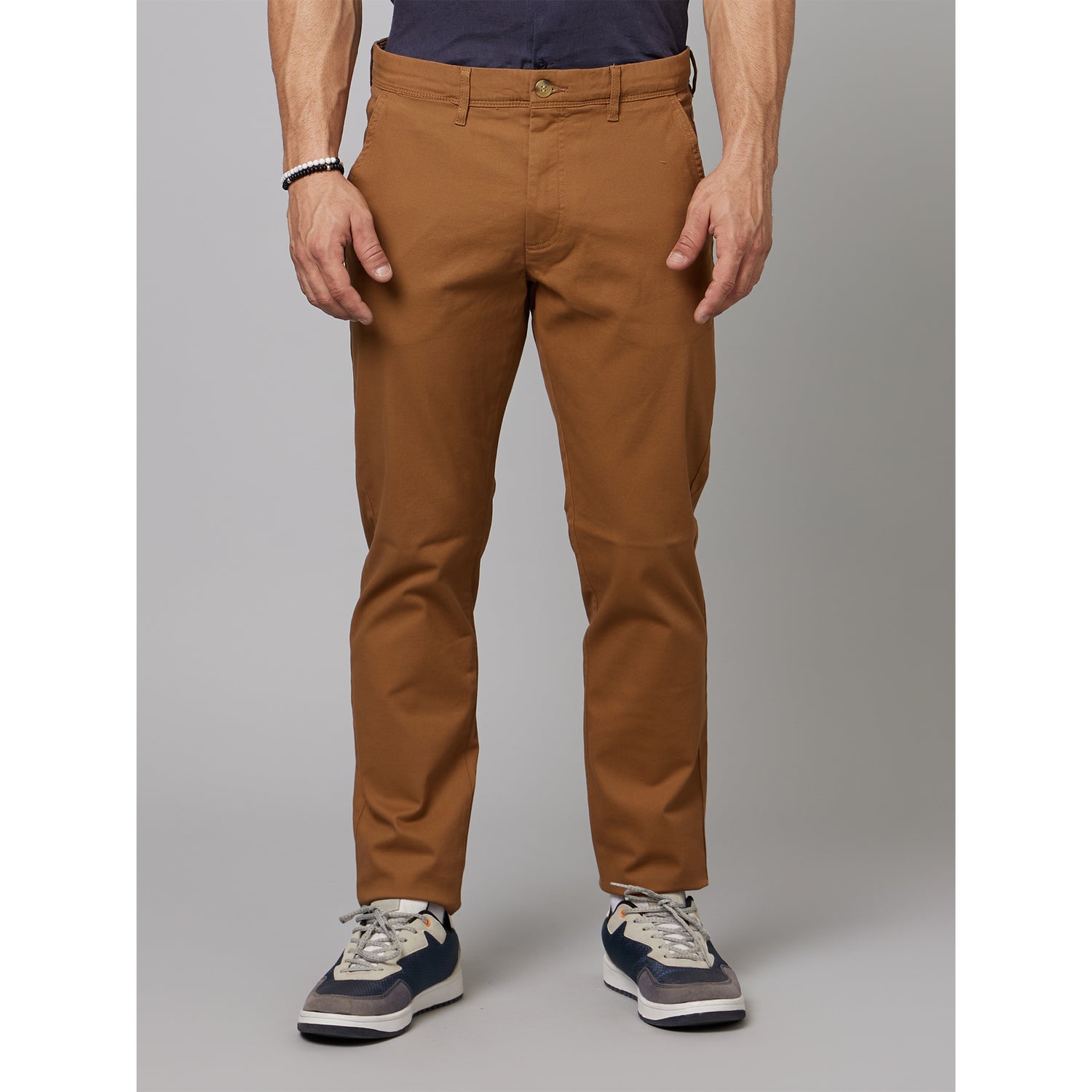 Brown Mid Rise Plain Cotton Slim Fit Chinos Trousers (TOCHARLES)