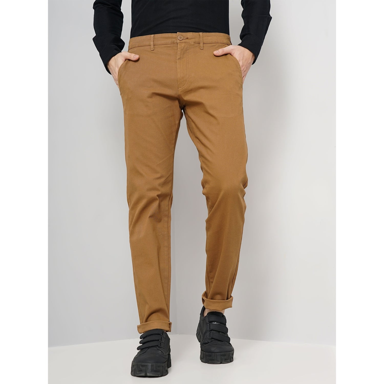 Brown Mid Rise Plain Cotton Slim Fit Chinos Trousers (TOCHARLES)
