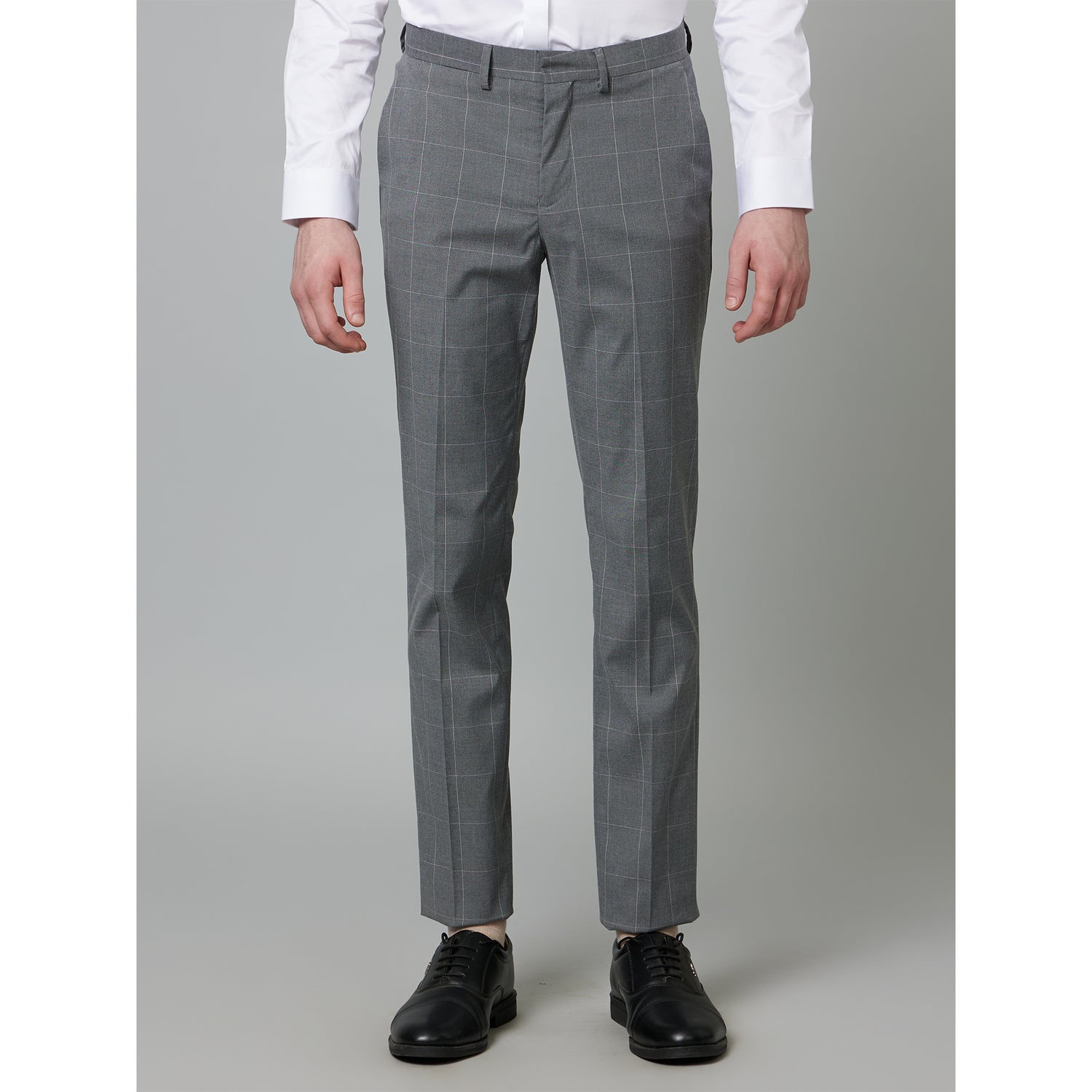Grey Mid-Rise Checked Slim Fit Trousers (DOLIO)