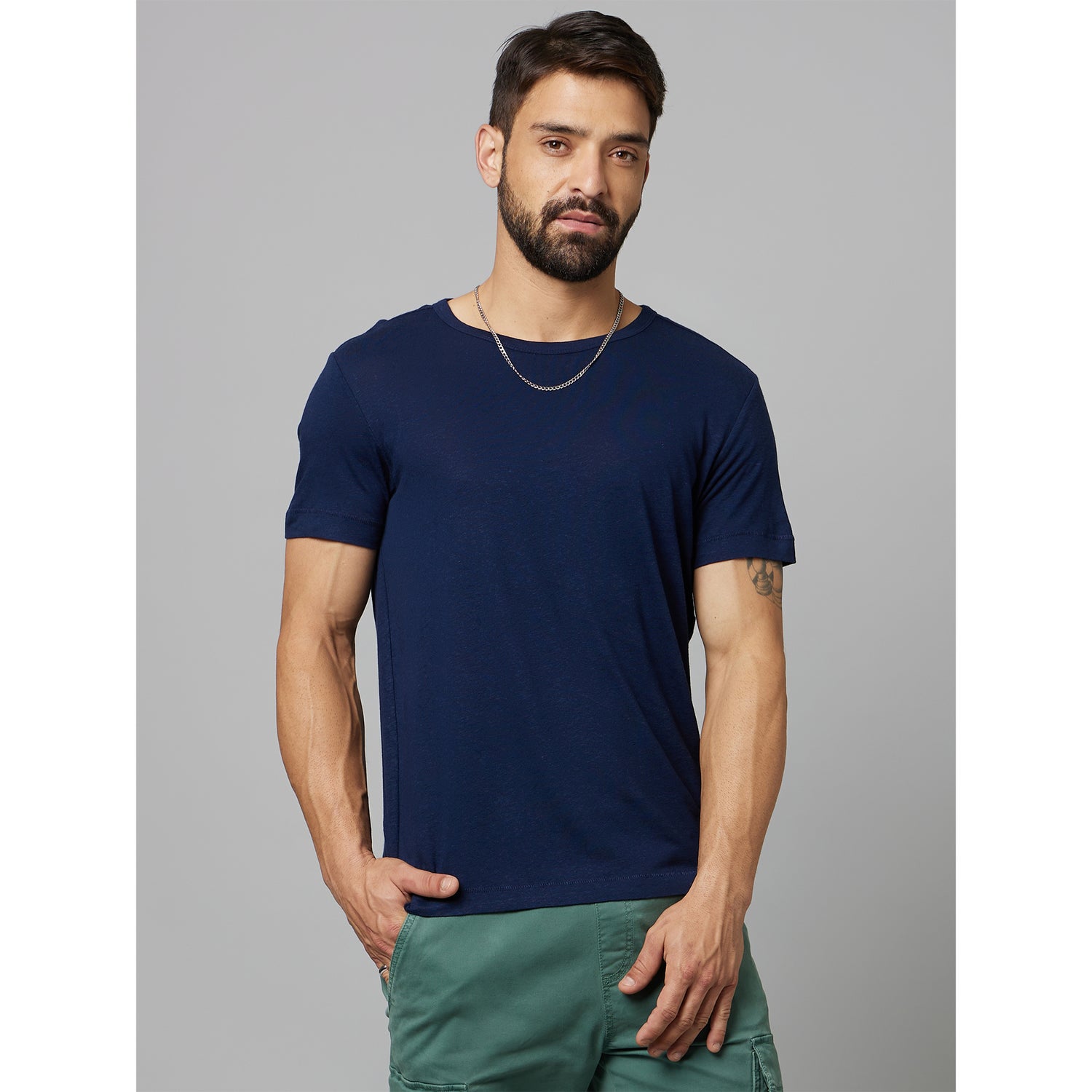 Navy Solid Linen T-Shirt