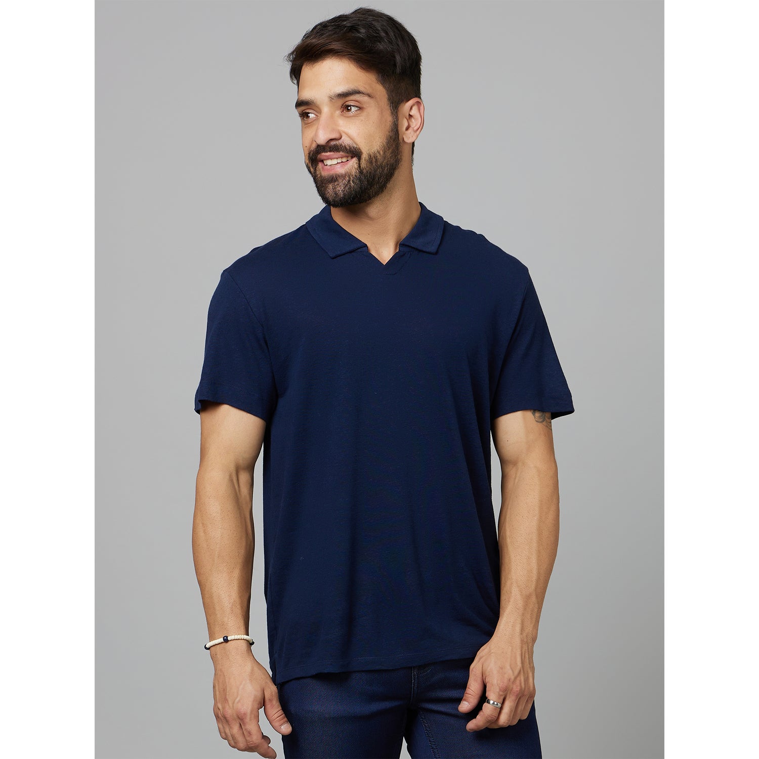 Navy Linen Polo T-Shirt