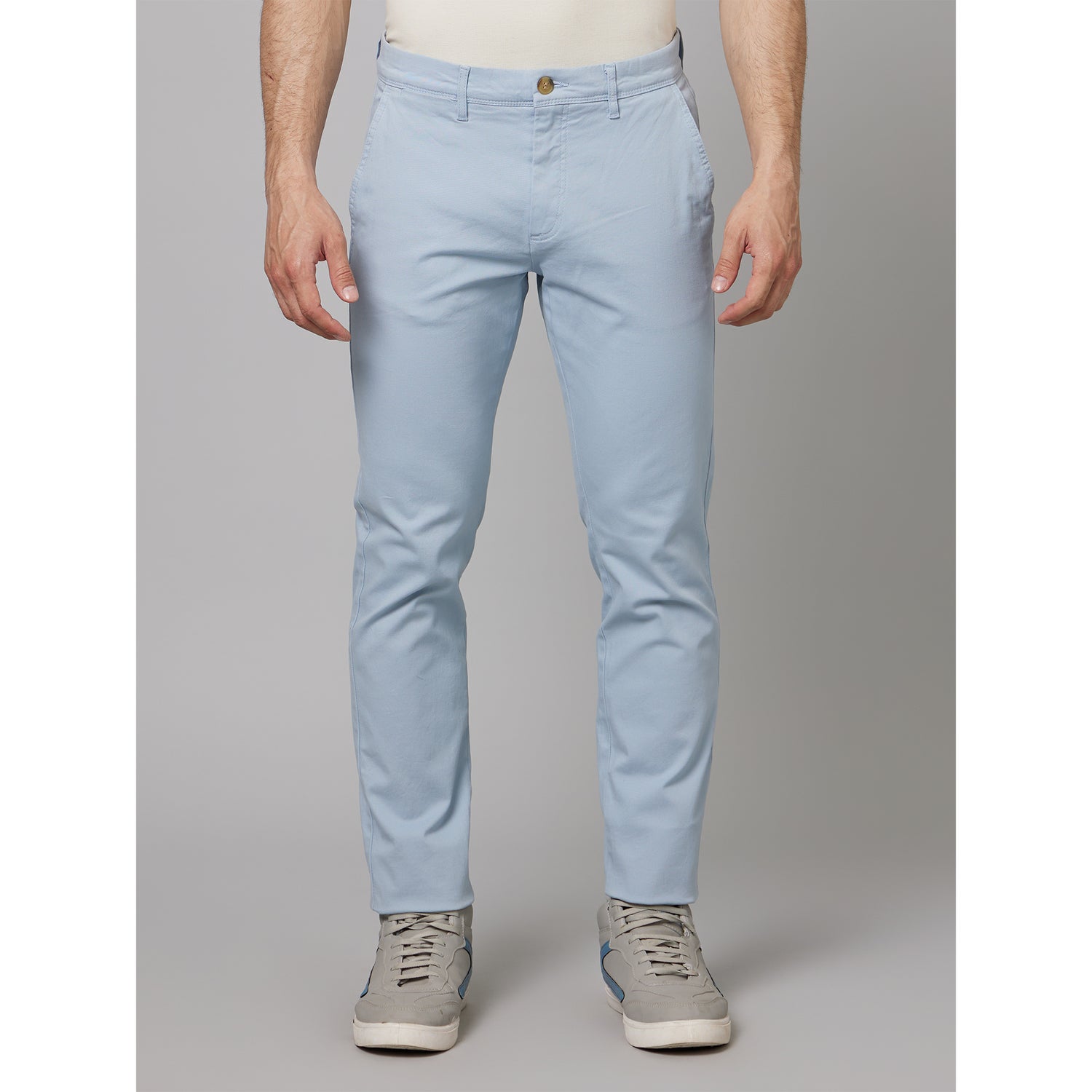 Light Blue Mid Rise Plain Cotton Slim Fit Chinos Trousers (TOCHARLES)