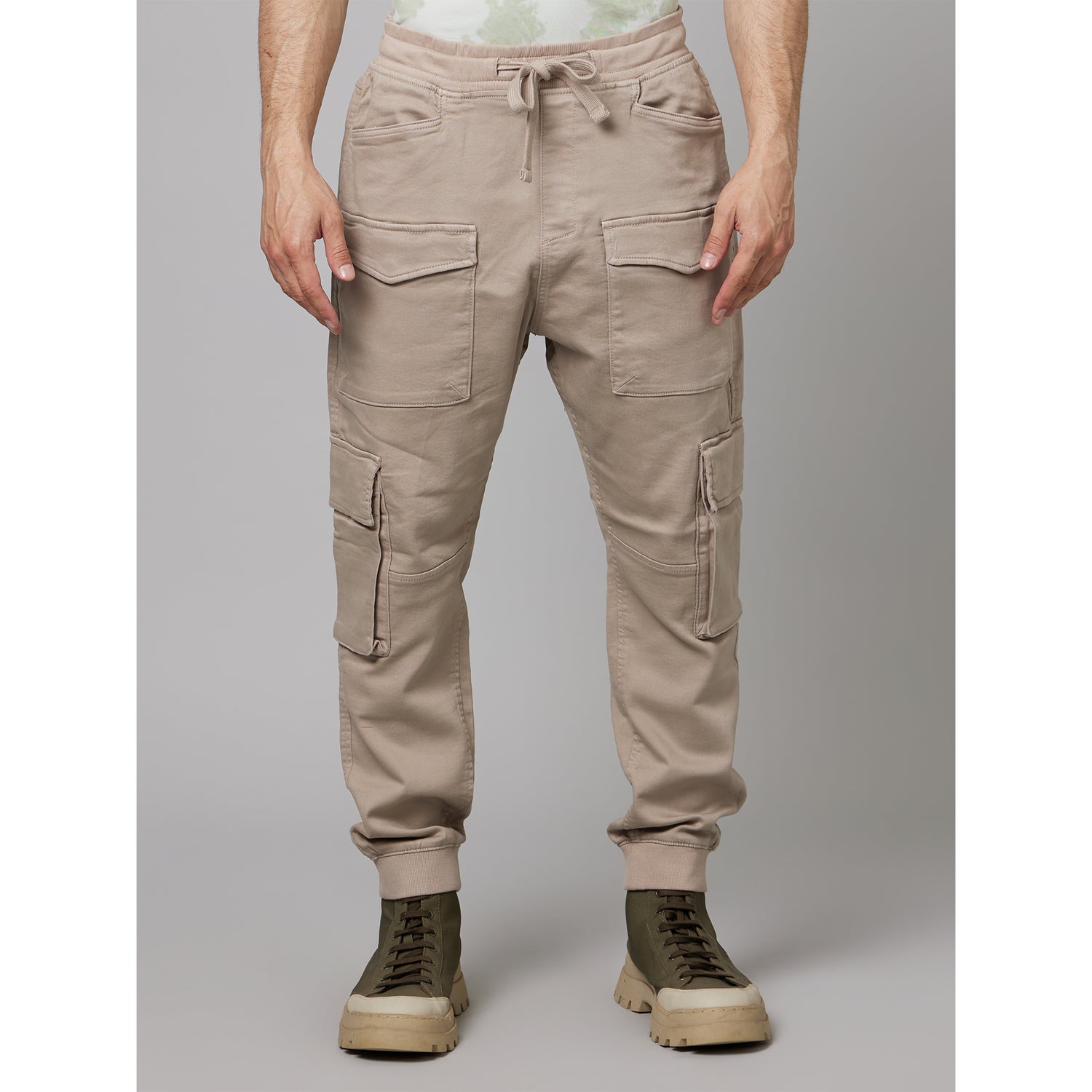 Beige Cotton Mid-Rise Plain Cargos Trousers (DOPOCKET1)