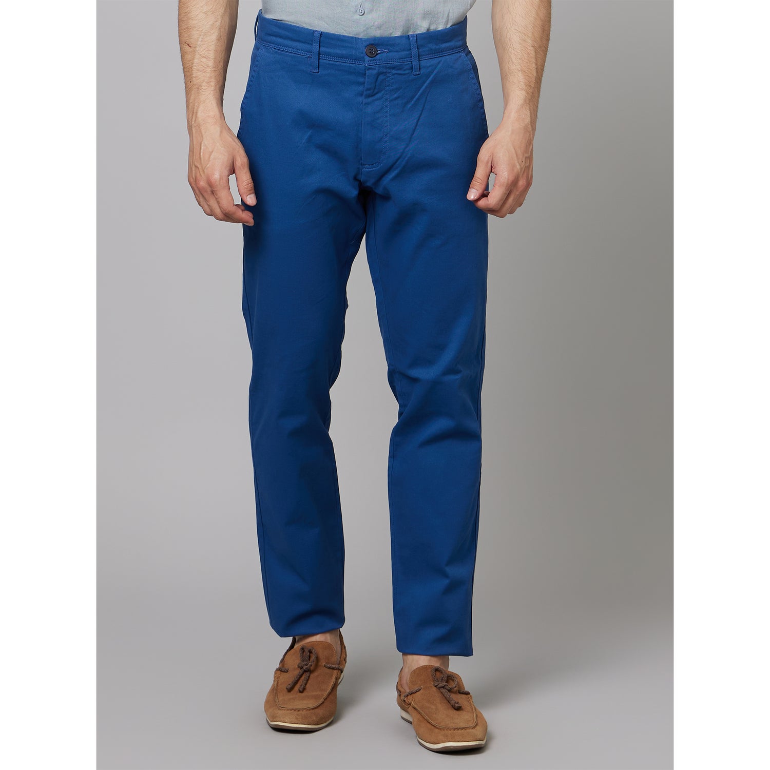 Dark Blue Mid Rise Plain Cotton Slim Fit Chinos Trousers (TOCHARLES)