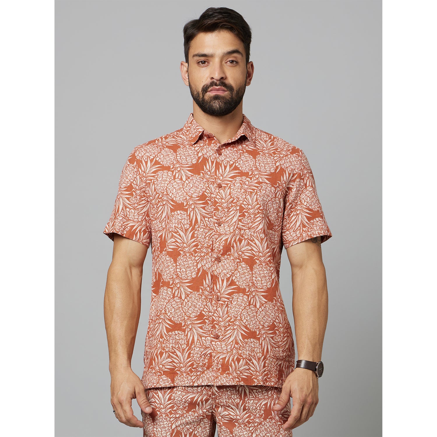 Rust Classic Tropical Printed Spread Collar Casual Cotton Shirt (DAOVERA)