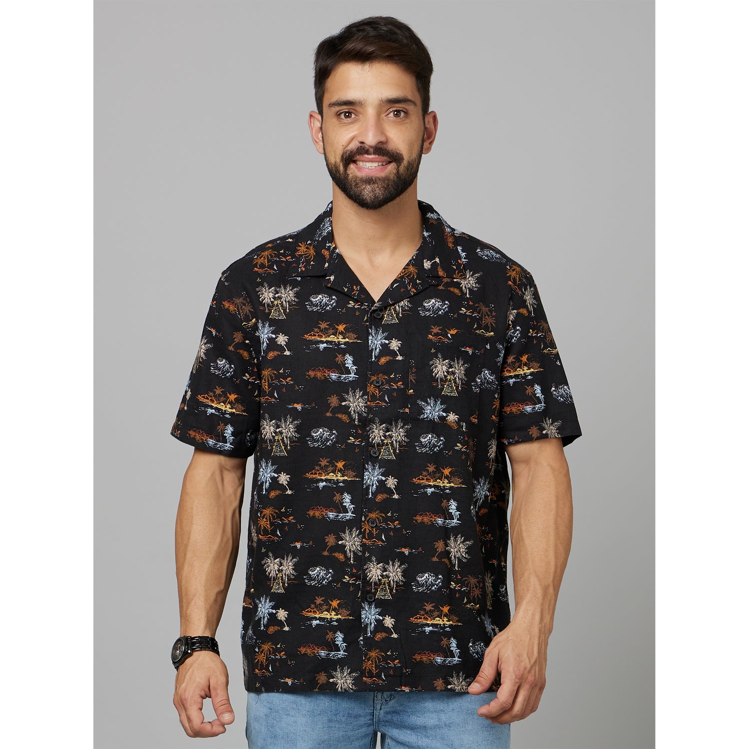 Black Classic Tropical Printed Cuban Collar Cotton Casual Shirt (DAPLAYA)