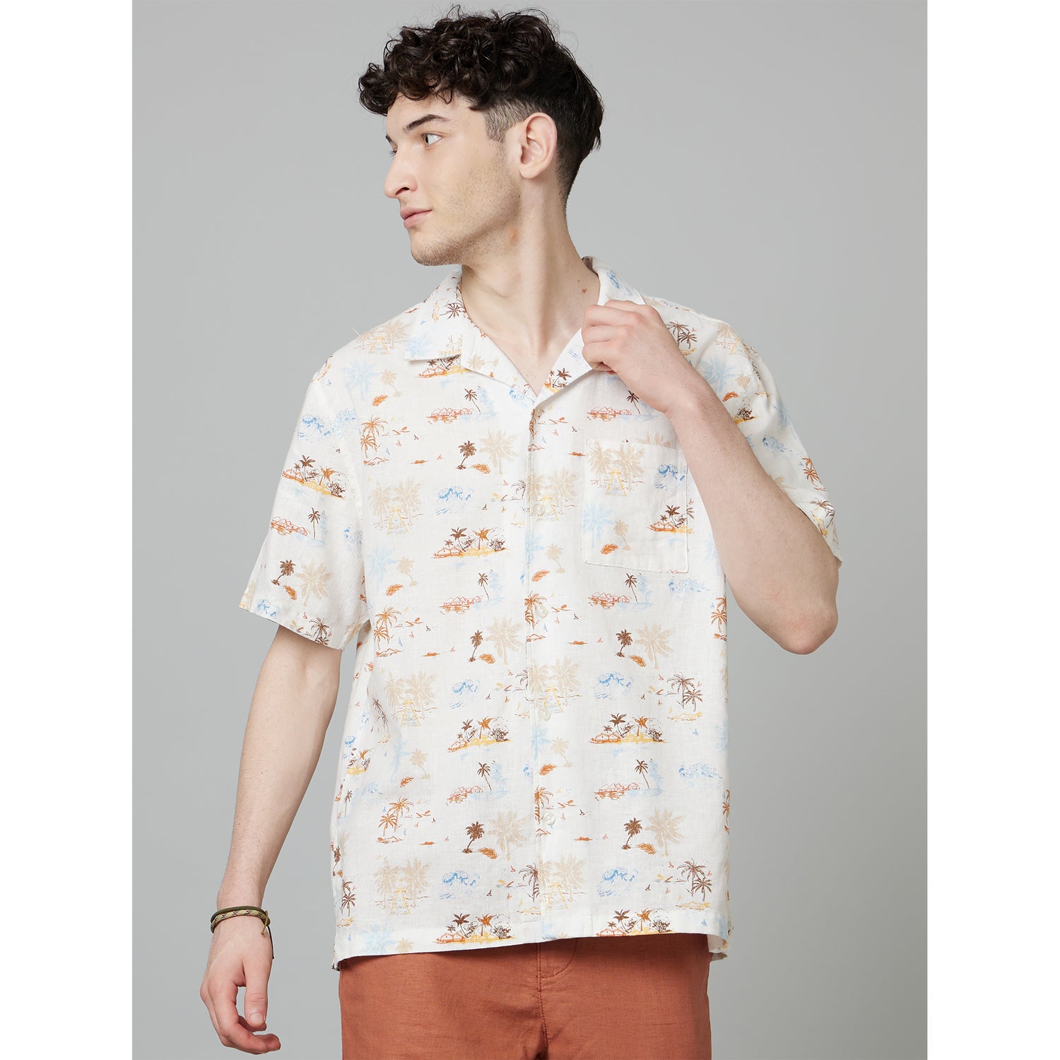 Optical White Classic Tropical Printed Cuban Collar Cotton Casual Shirt (DAPLAYA)