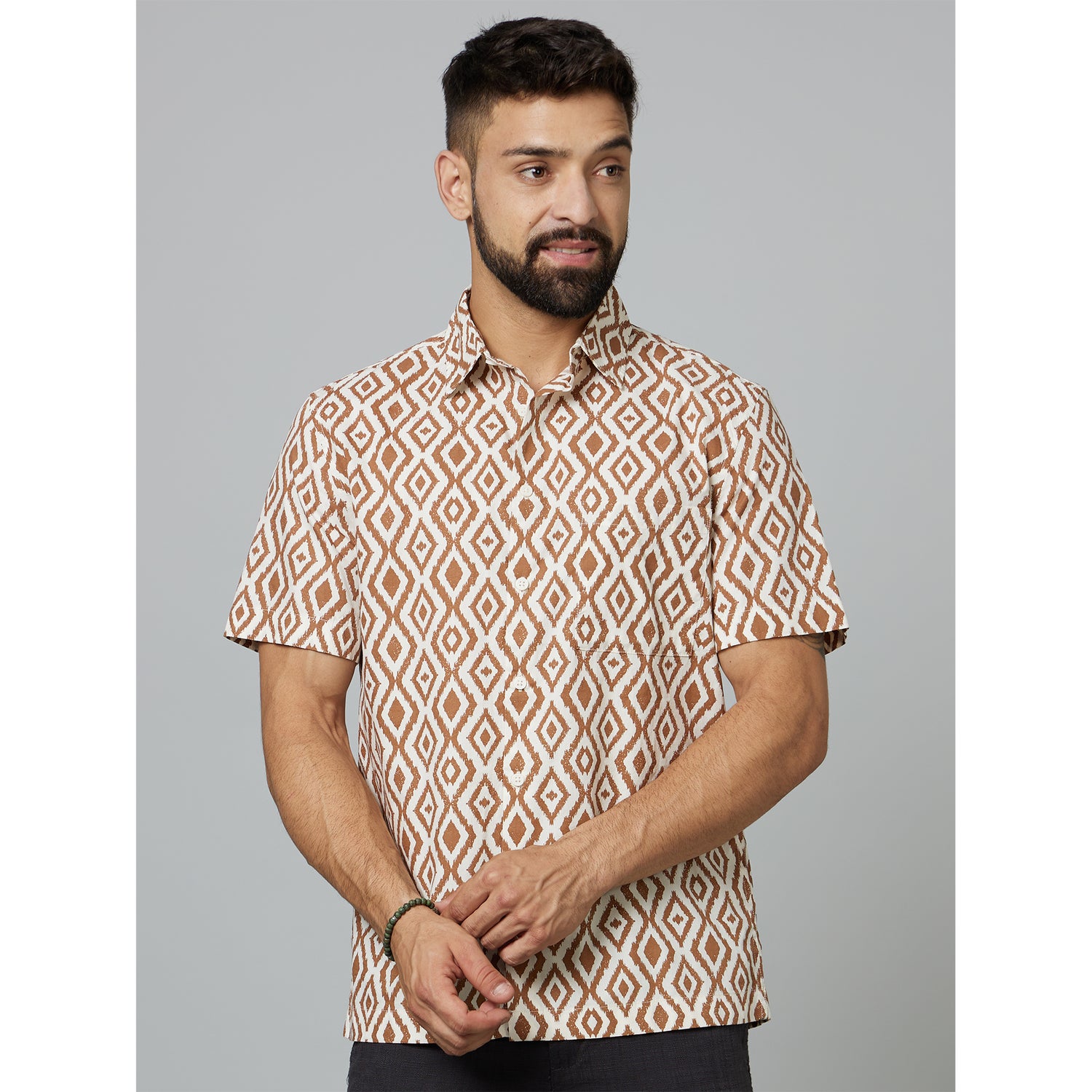 Brown Classic Geometric Printed Cotton Casual Shirt (DAPRINTA)