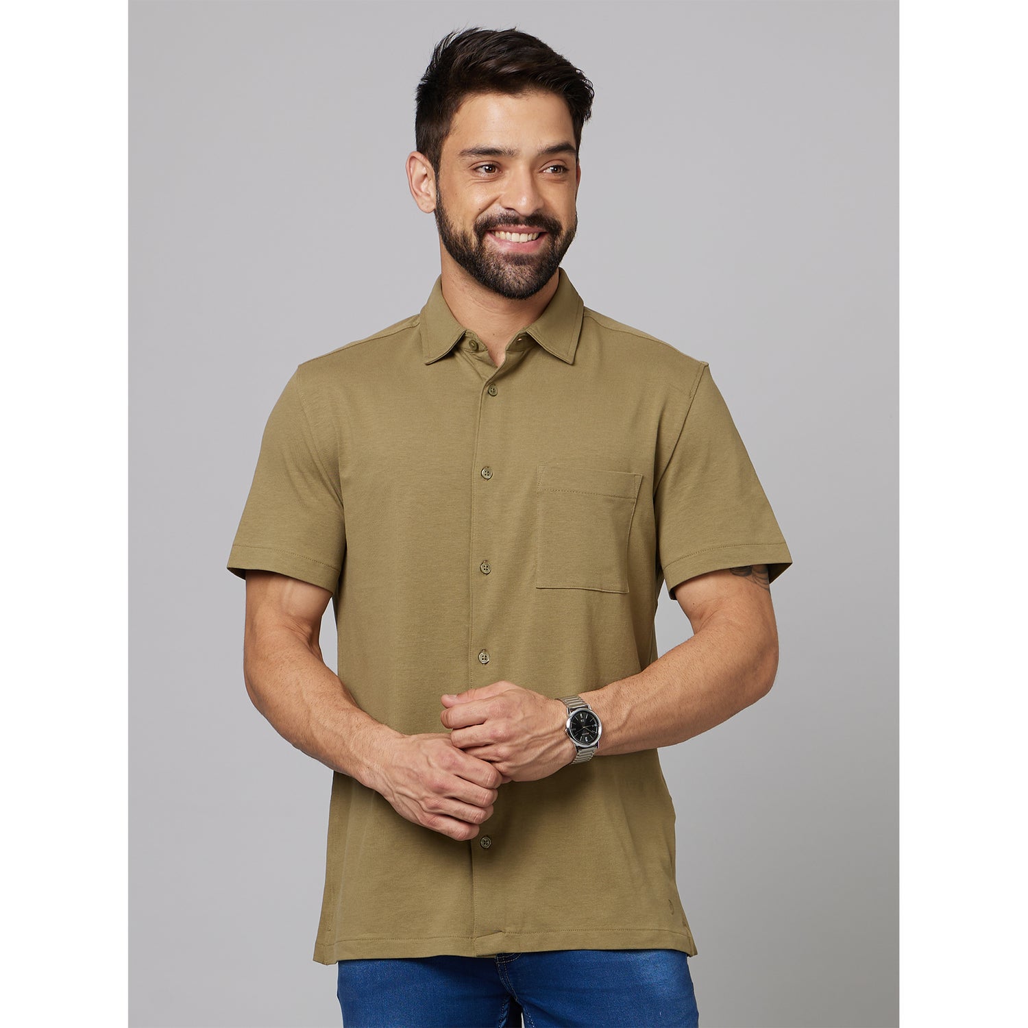 Khaki Spread Collar Classic Cotton Casual Shirt (DACOOL)
