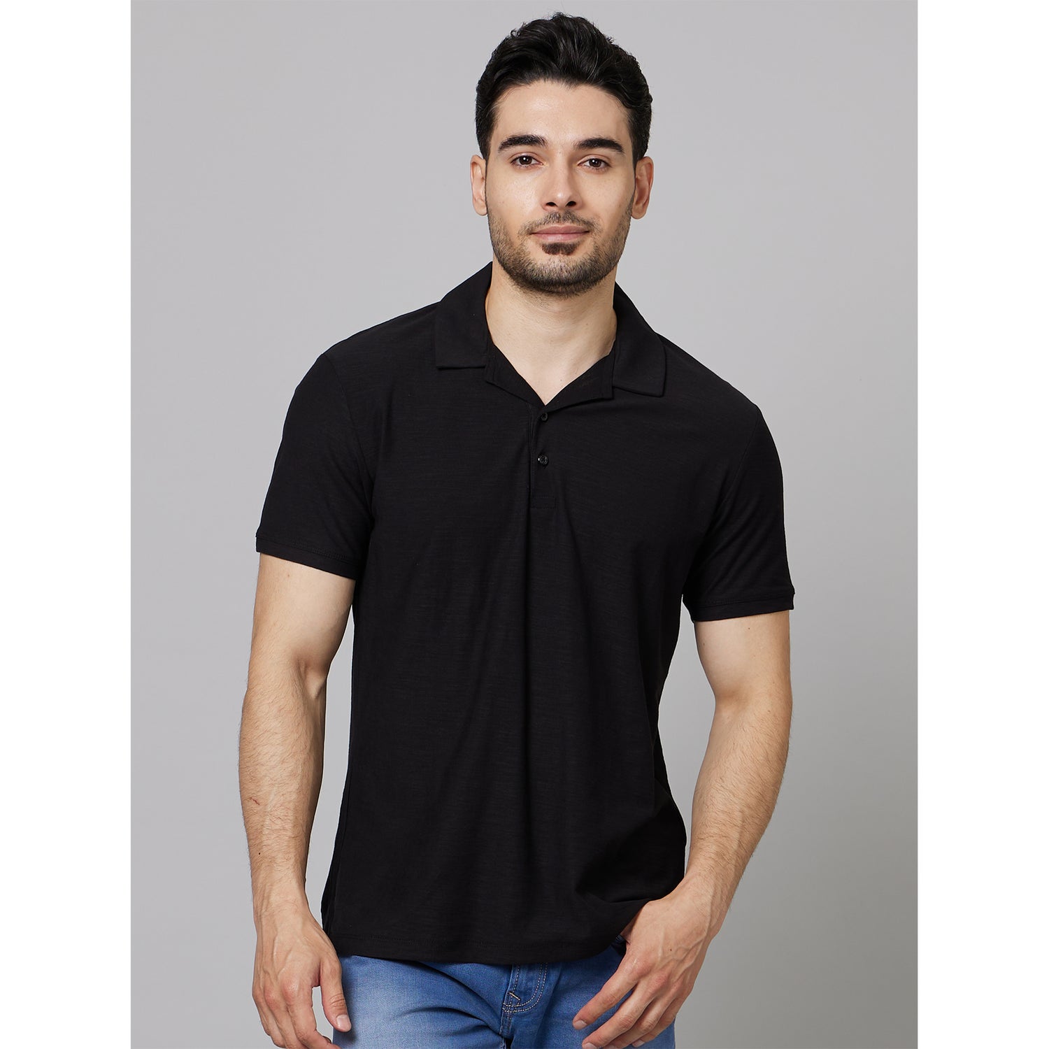 Black Cuban Collar Polo T-Shirt