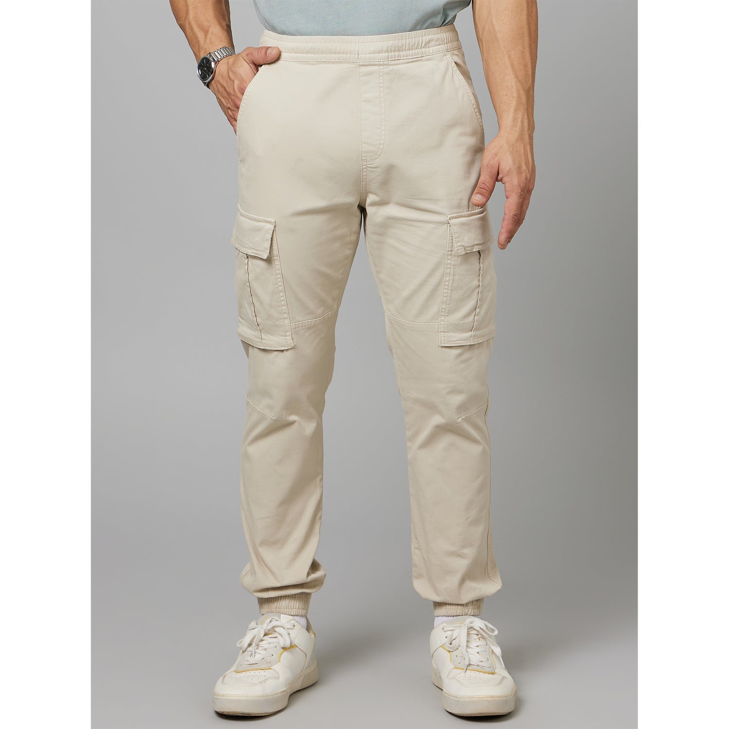 Beige Mid Rise Plain Cotton Slim Fit Cargos Trousers (DOCAR)