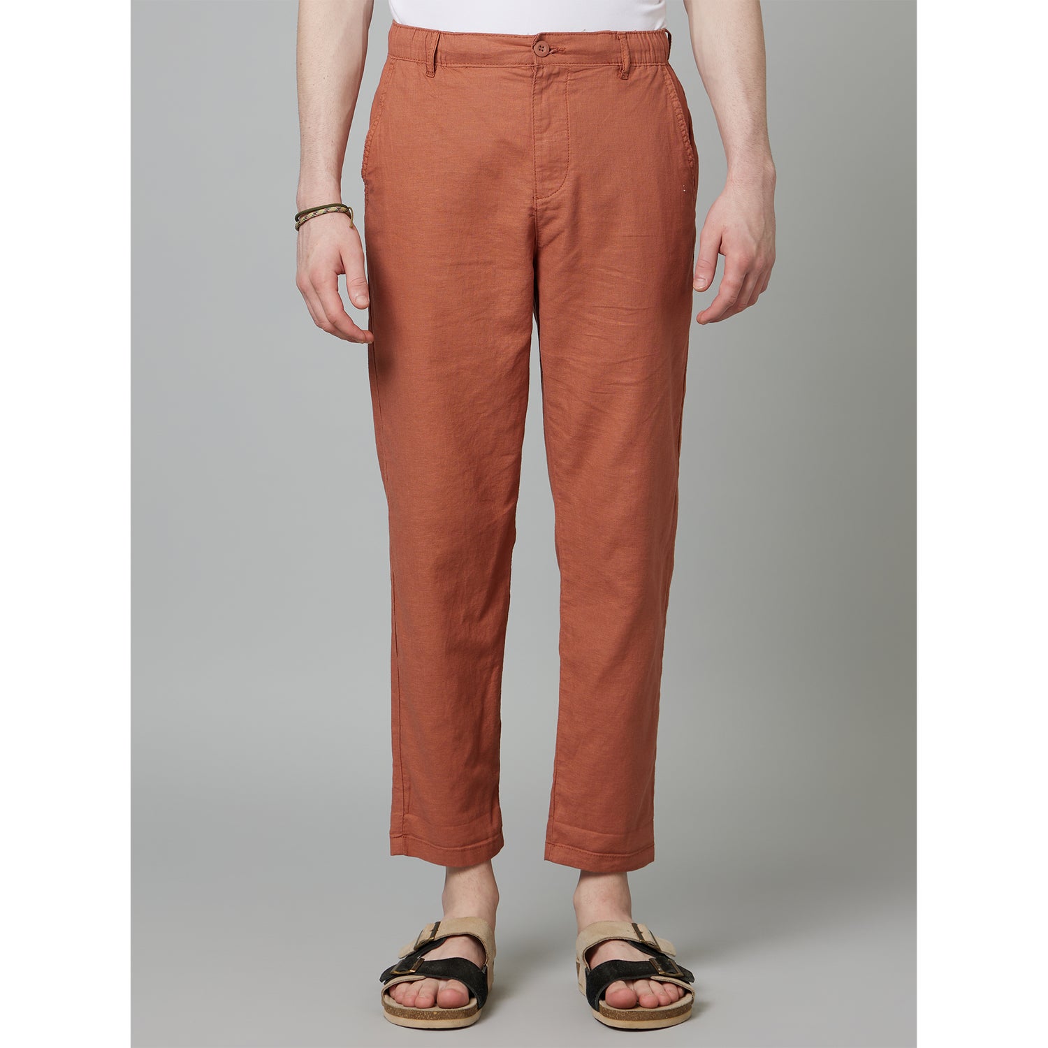 Rust Mid Rise Plain Cotton Slim Fit Trousers (DOLINCO)