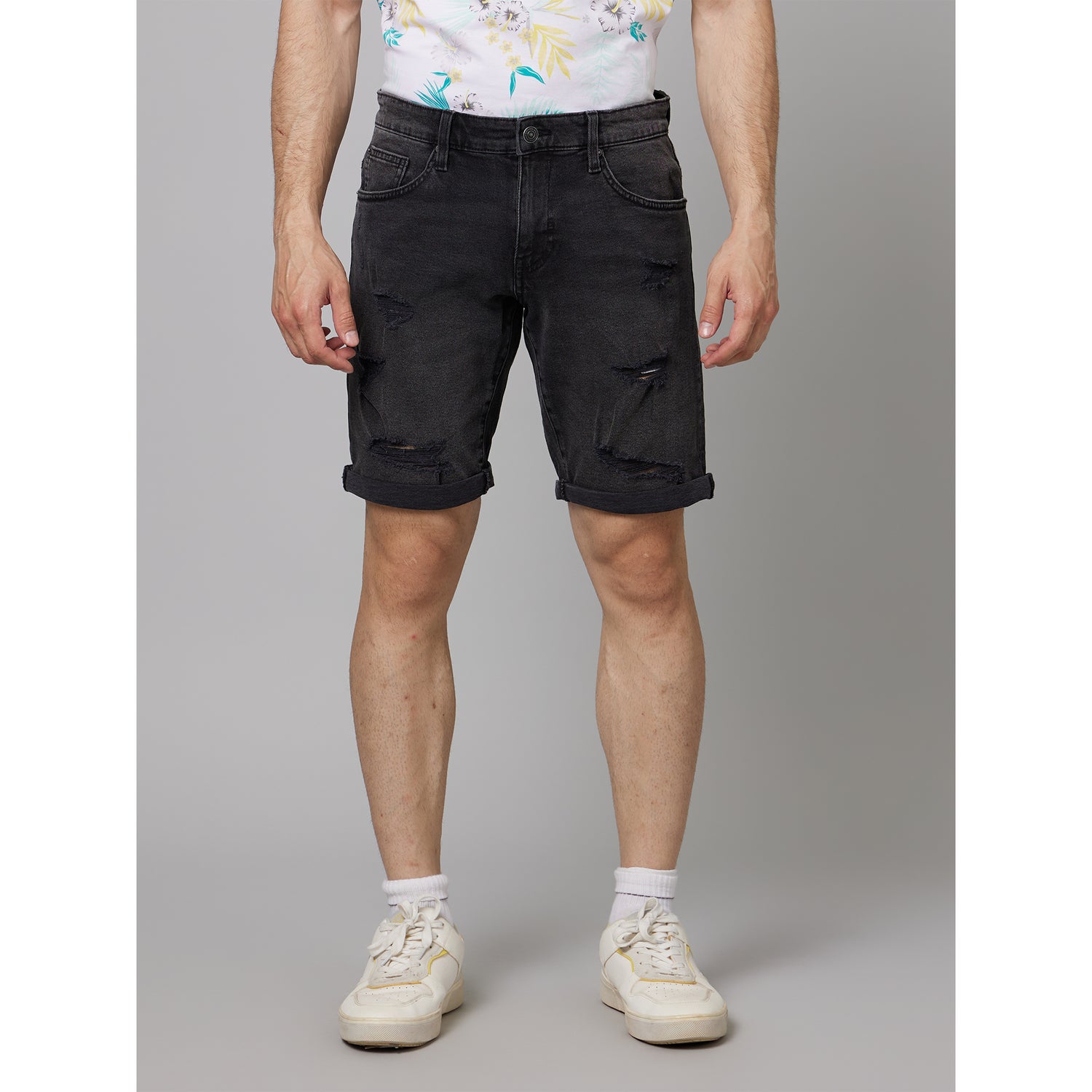 Black Distressed Cotton Denim Shorts (DODENIMBM)