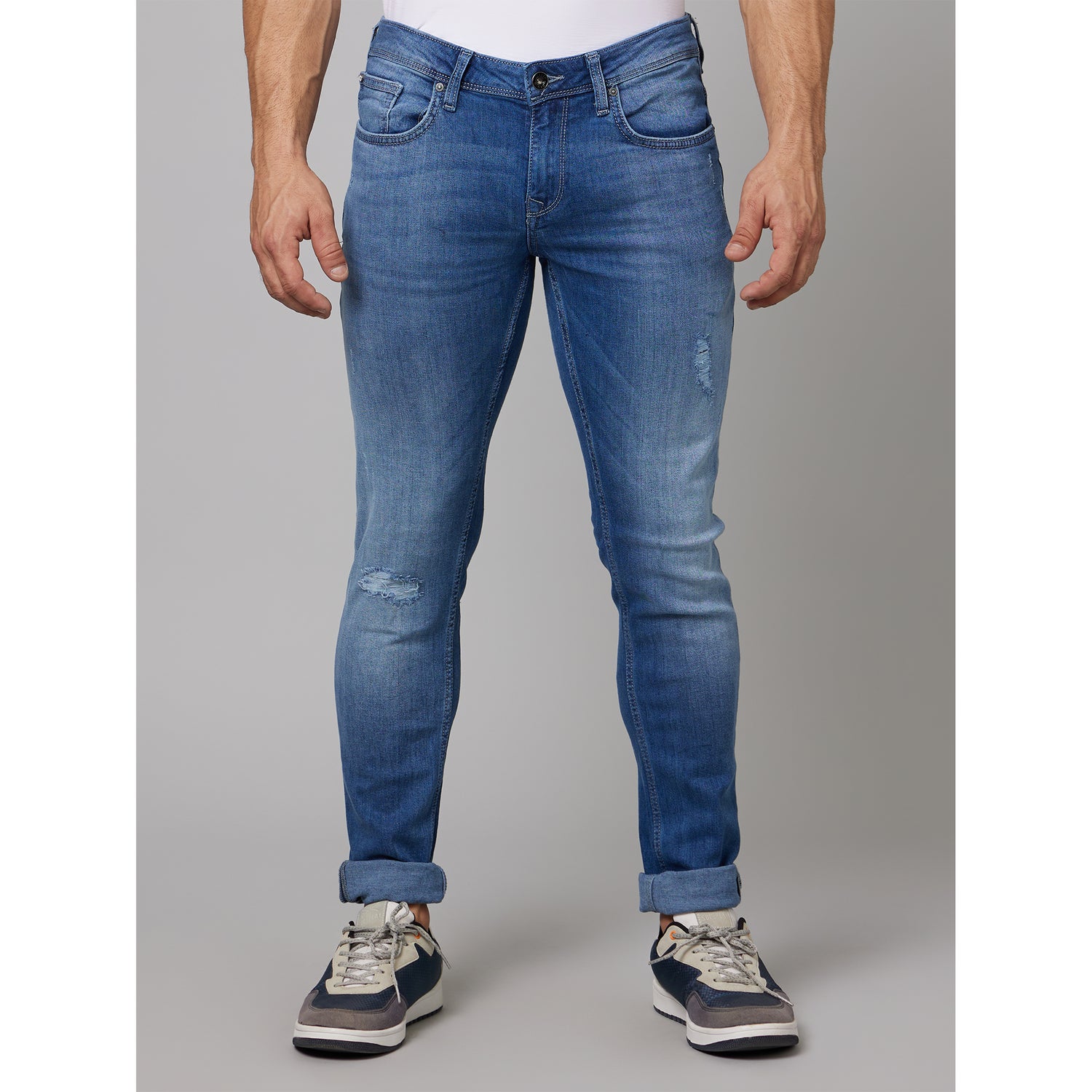 Blue Skinny Fit Low Distress Light Fade Stretchable Jeans (COECOMS45)