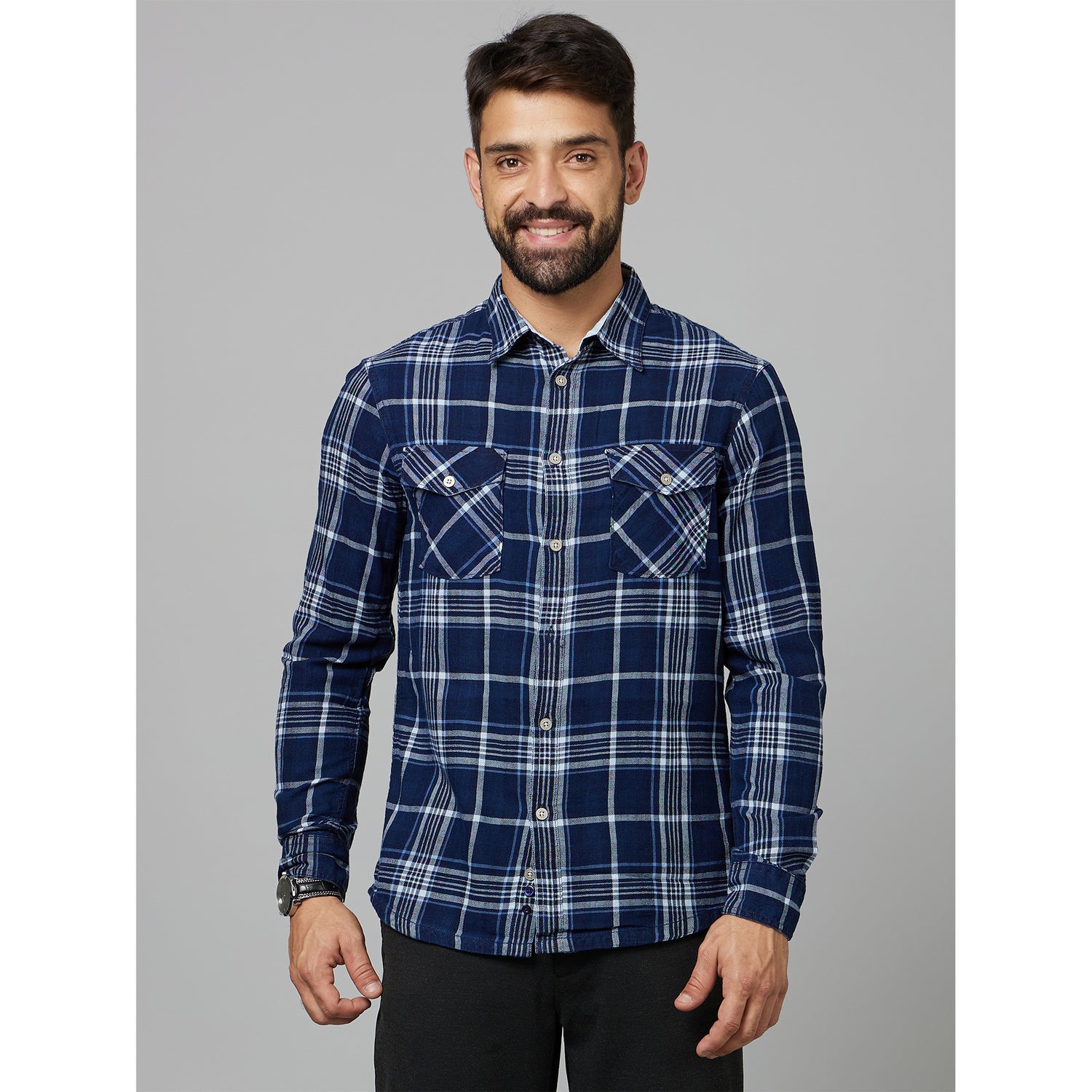 Navy Blue Slim Fit Checked Casual Shirt (CAPLAY1)