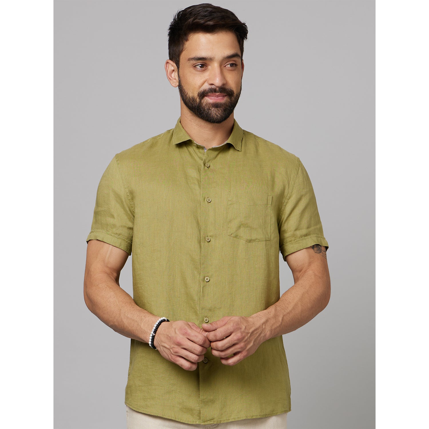 Green Classic Short Sleeves Linen Casual Shirt (DACARAIN)