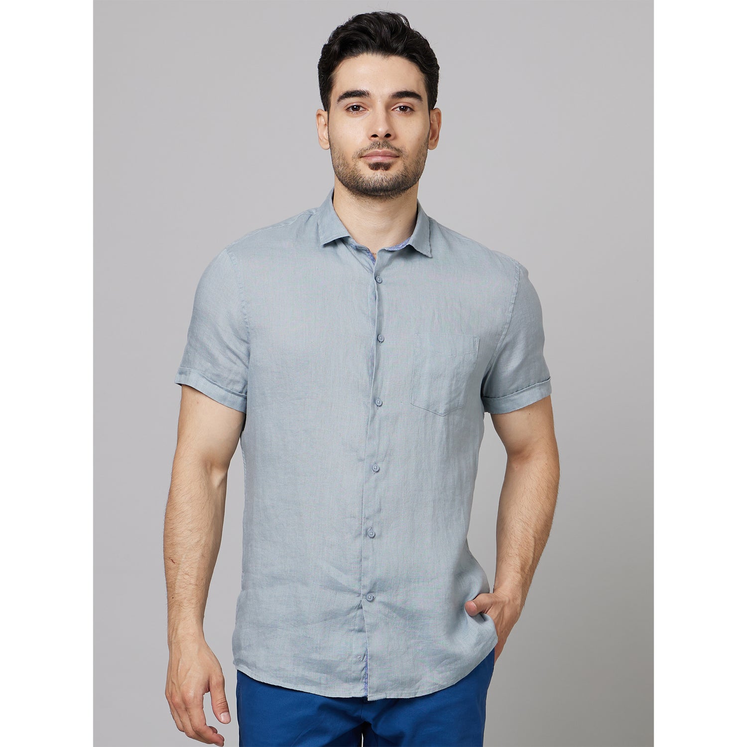 Grey Classic Short Sleeves Linen Casual Shirt (DACARAIN)