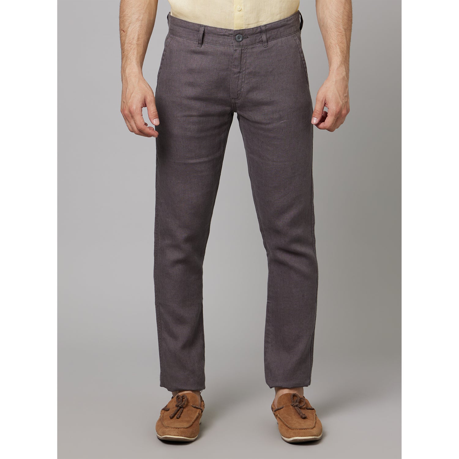 Grey Mid Rise Plain Linen Slim Fit Trousers (DOLINENIN)