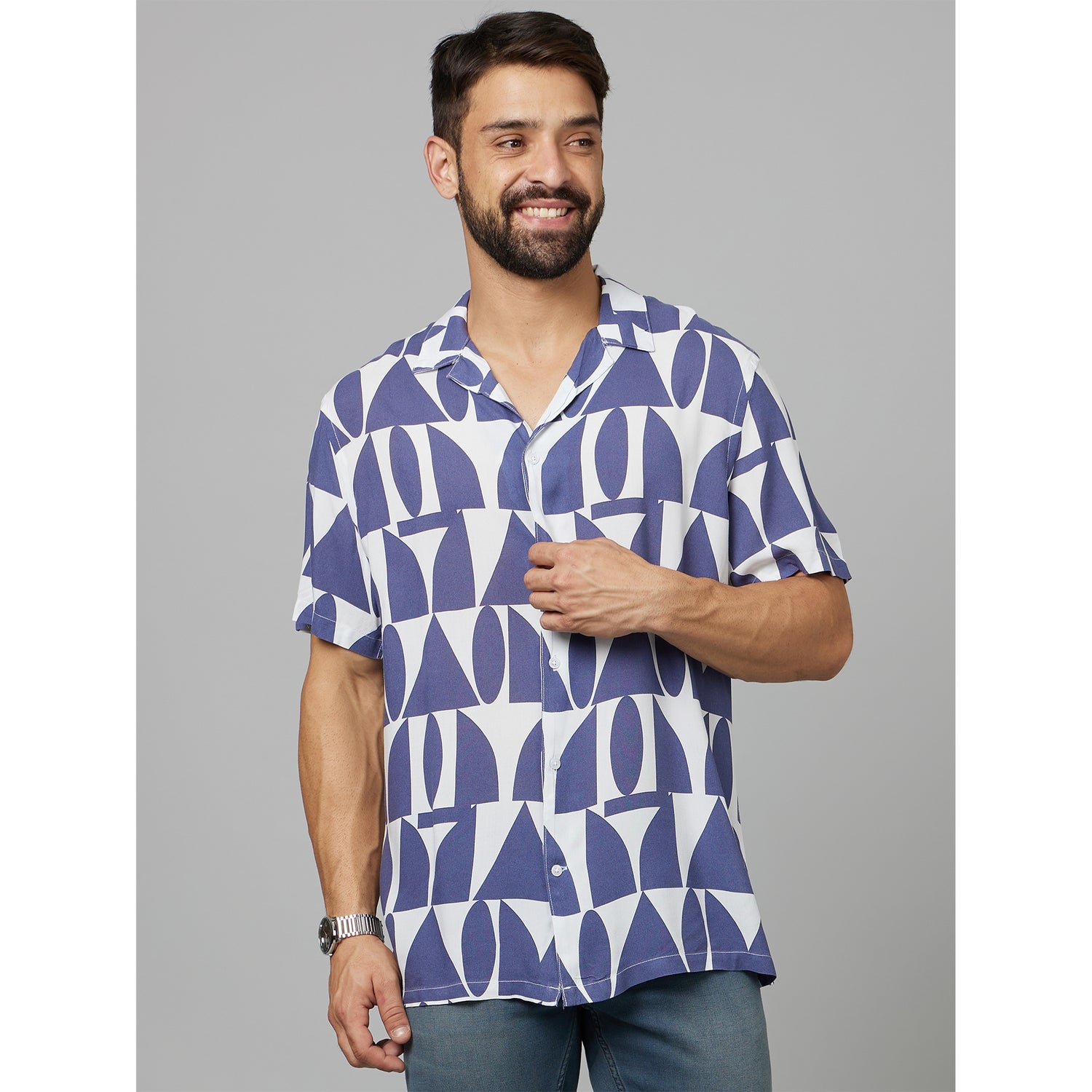 Navy Blue Classic Abstract Printed Cotton Casual Shirt (DAVISABST1)