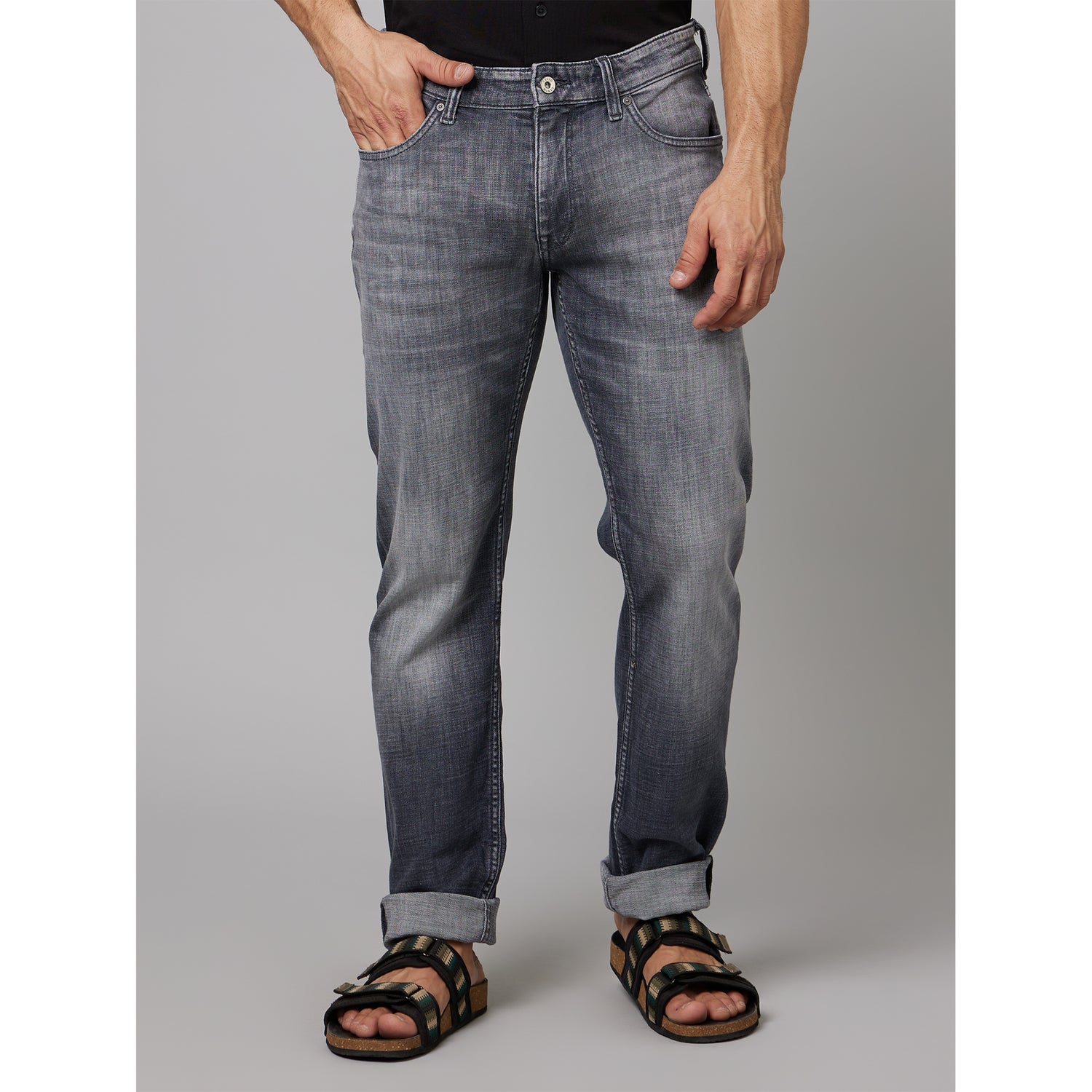 Grey Relaxed Fit Heavy Fade Clean Look Stretchable Jeans (DOGENSOFT)