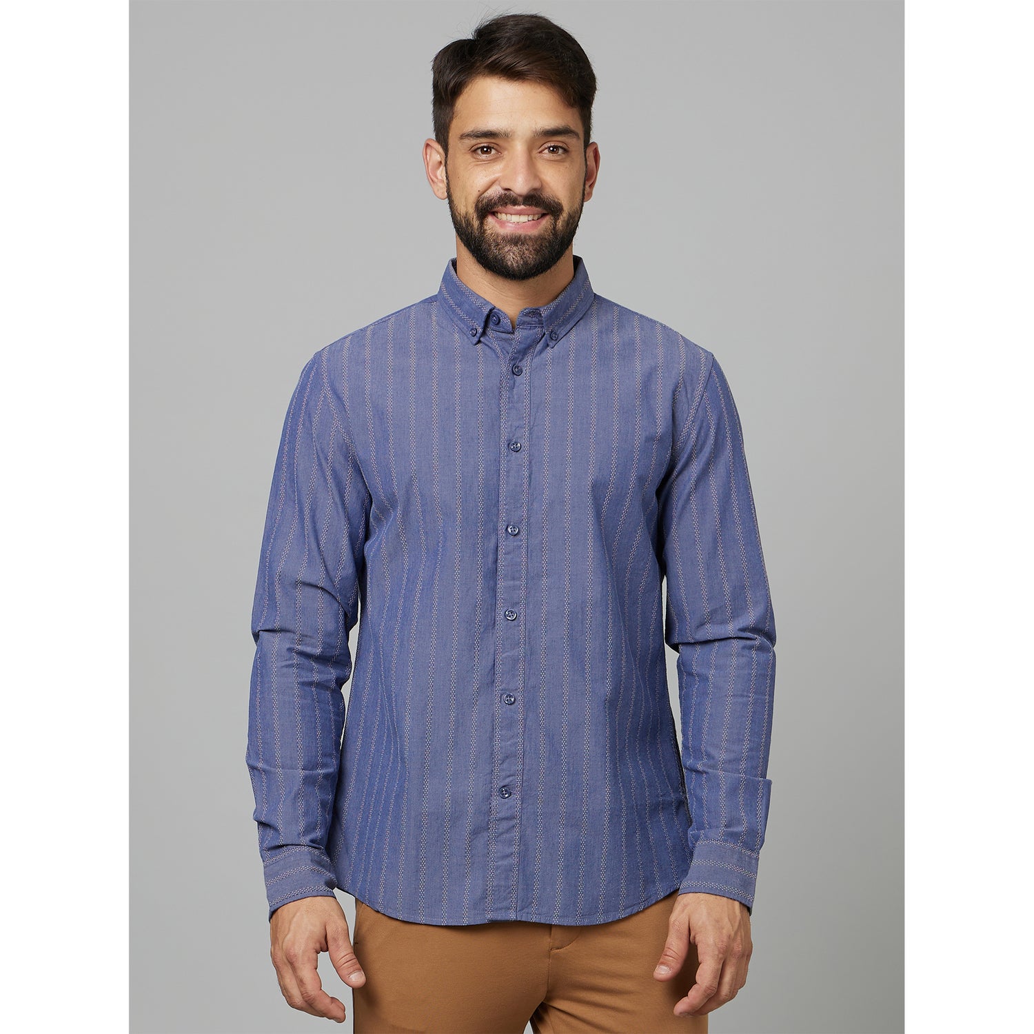 Blue Classic Fit Vertical Striped Button Down Collar Cotton Casual Shirt (DAJACLINE)