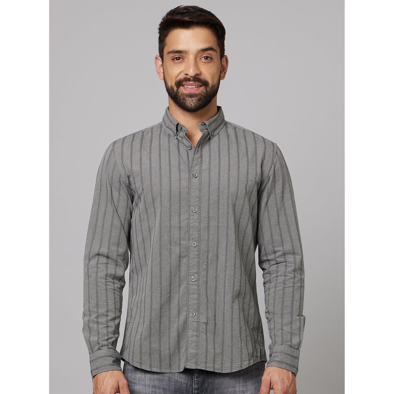 Grey Classic Fit Vertical Striped Button Down Collar Cotton Casual Shirt (DAJACLINE)
