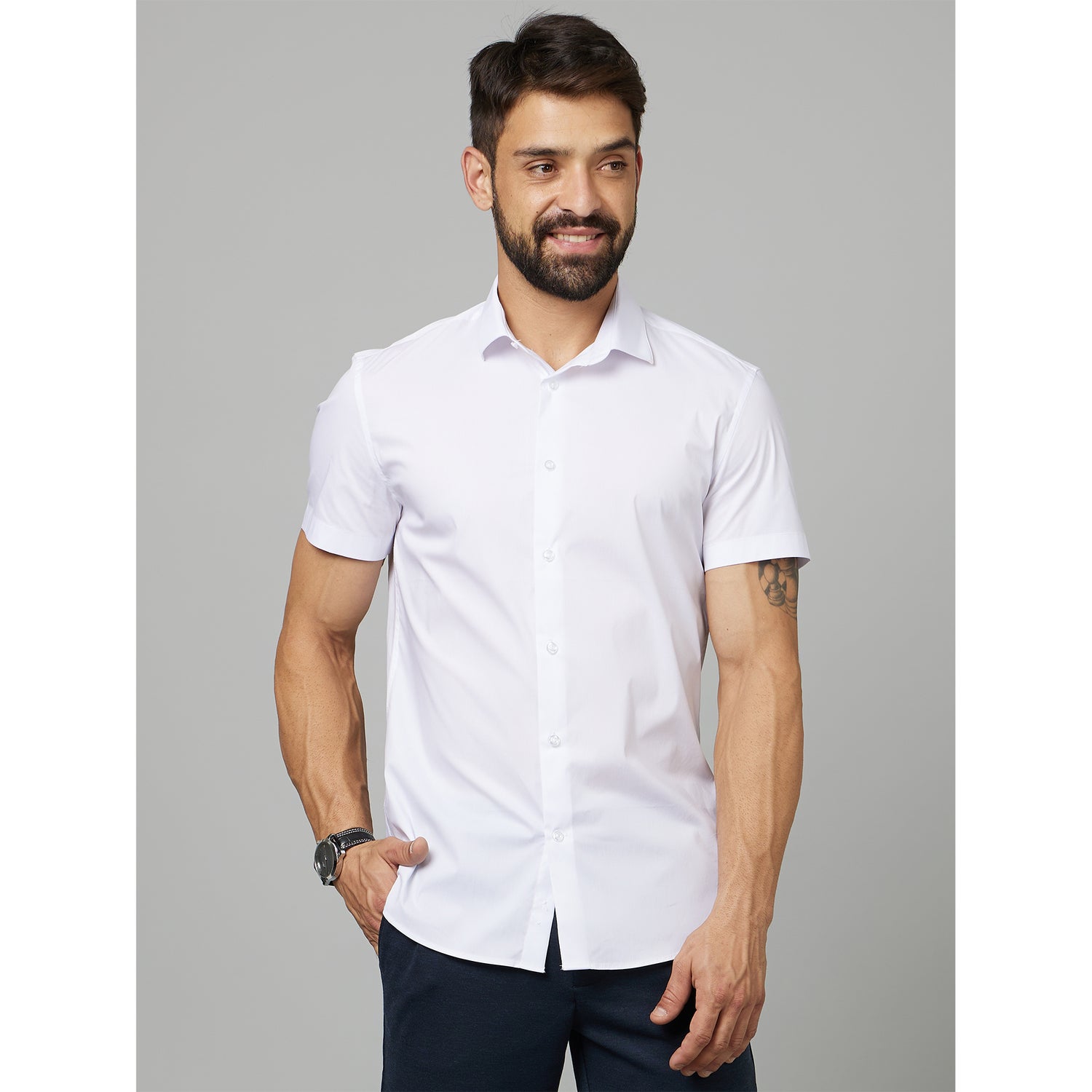White Classic Spread Collar Cotton Casual Shirt (CASLIM)