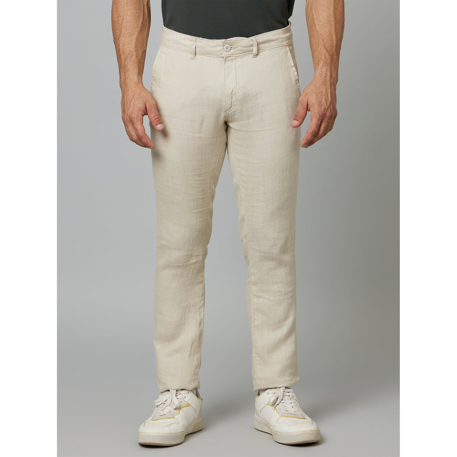Beige Mid Rise Plain Linen Slim Fit Trousers (DOFLEXIN)